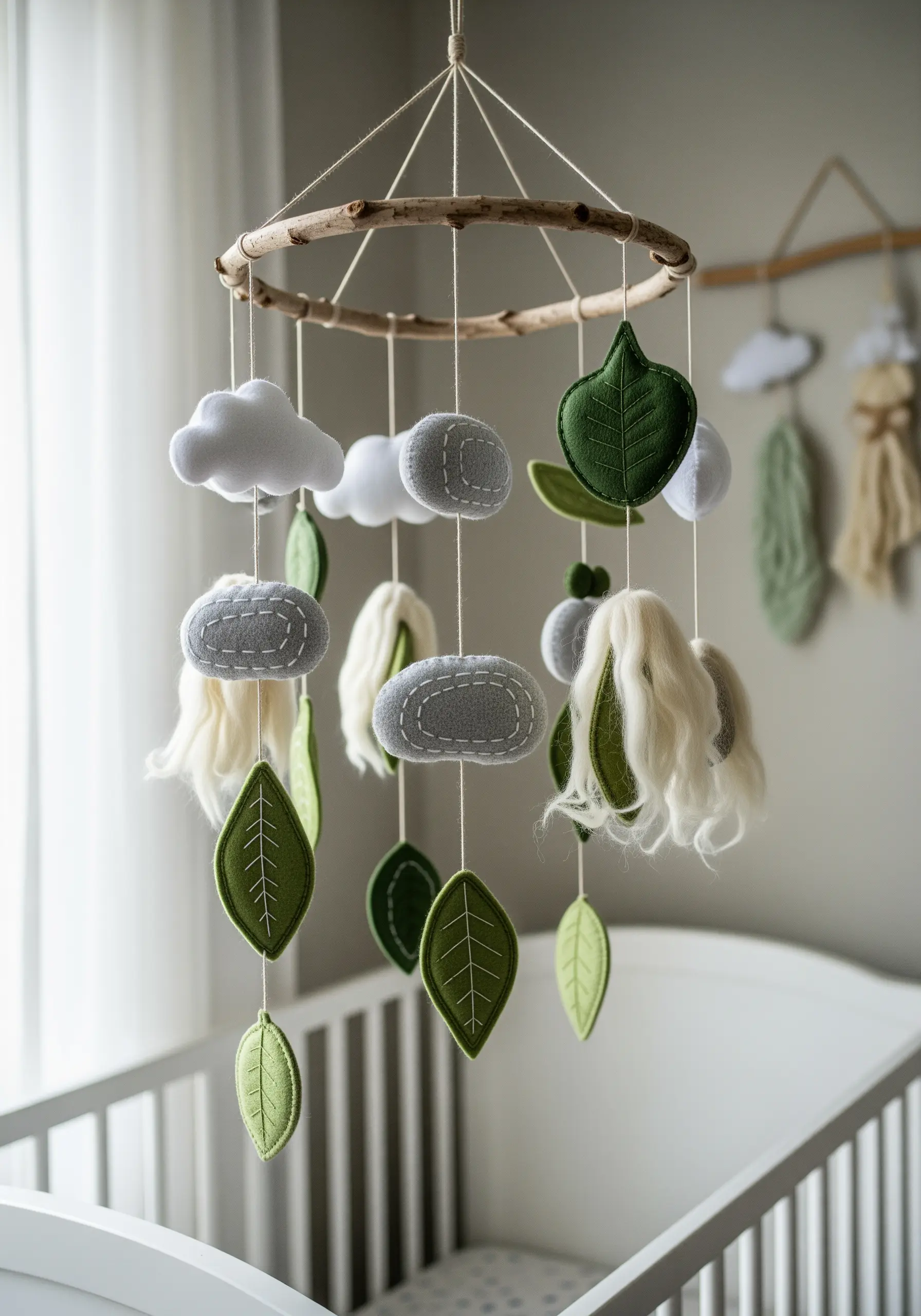 A nursery mobile made of felt leaves, clouds, and yarn tassels hanging over a crib.