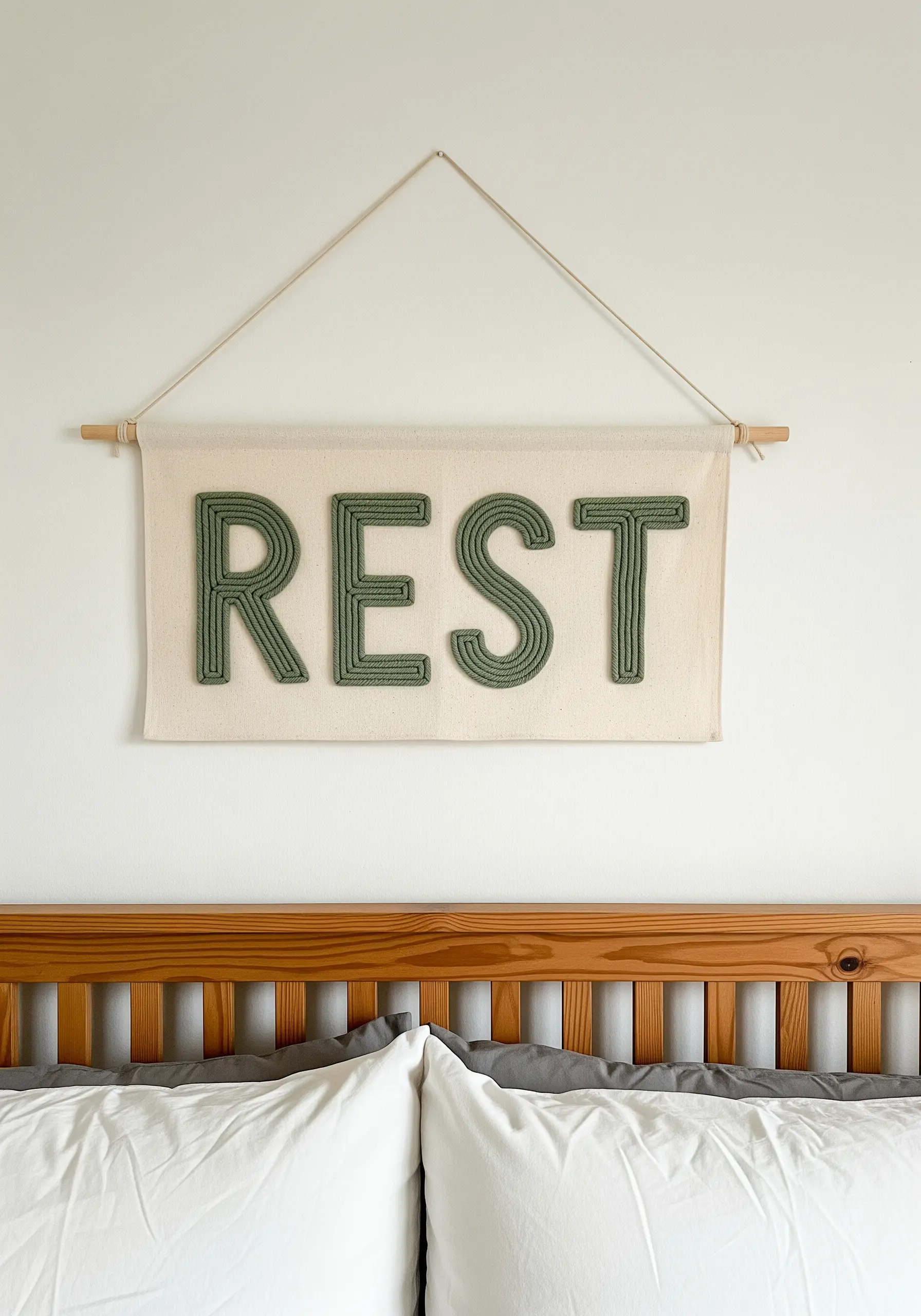 A canvas wall banner with the word 'REST' embroidered in chunky, textural sage green yarn.