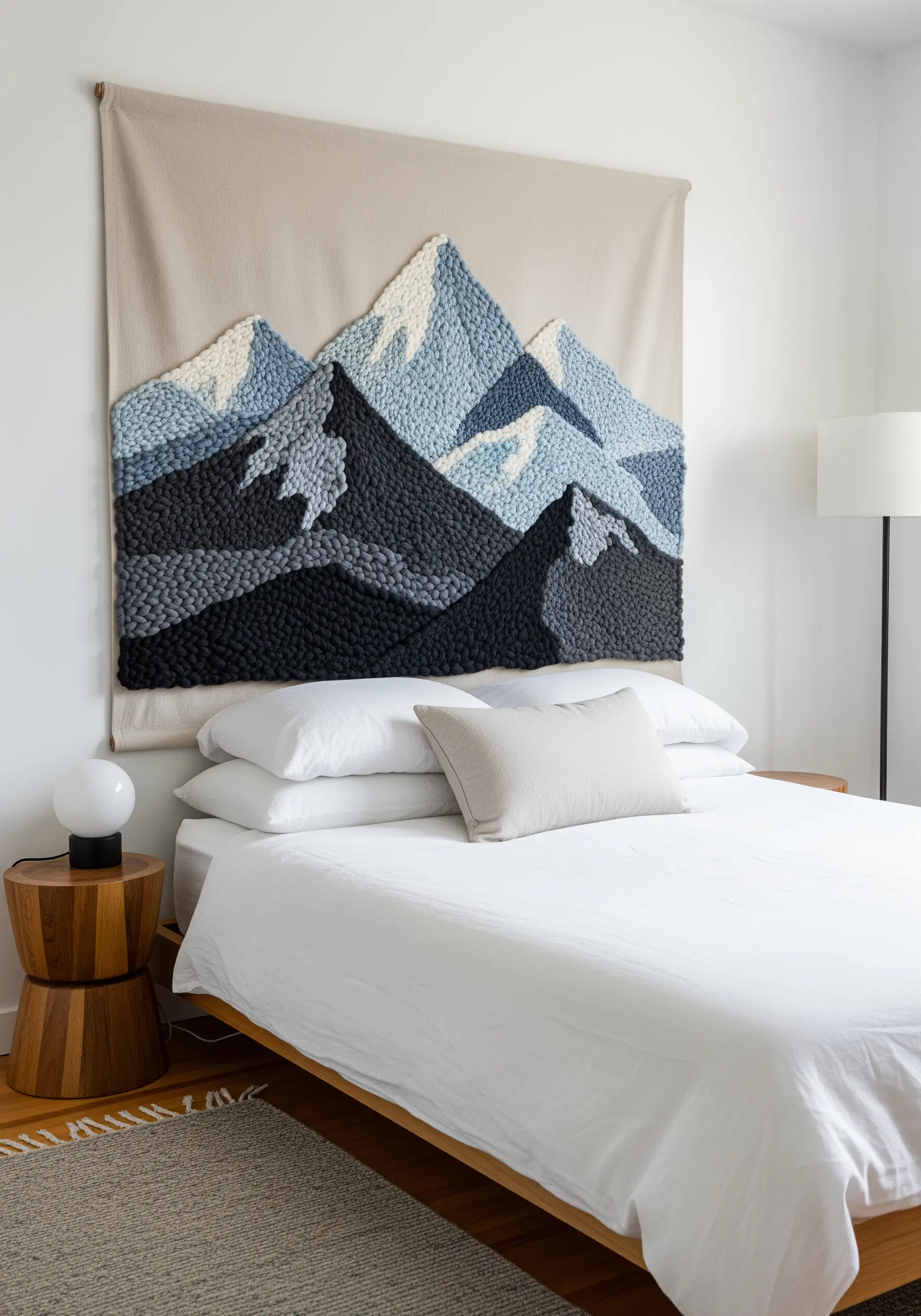 Large tufted wall hanging of a mountain range in blues and greys above a bed.
