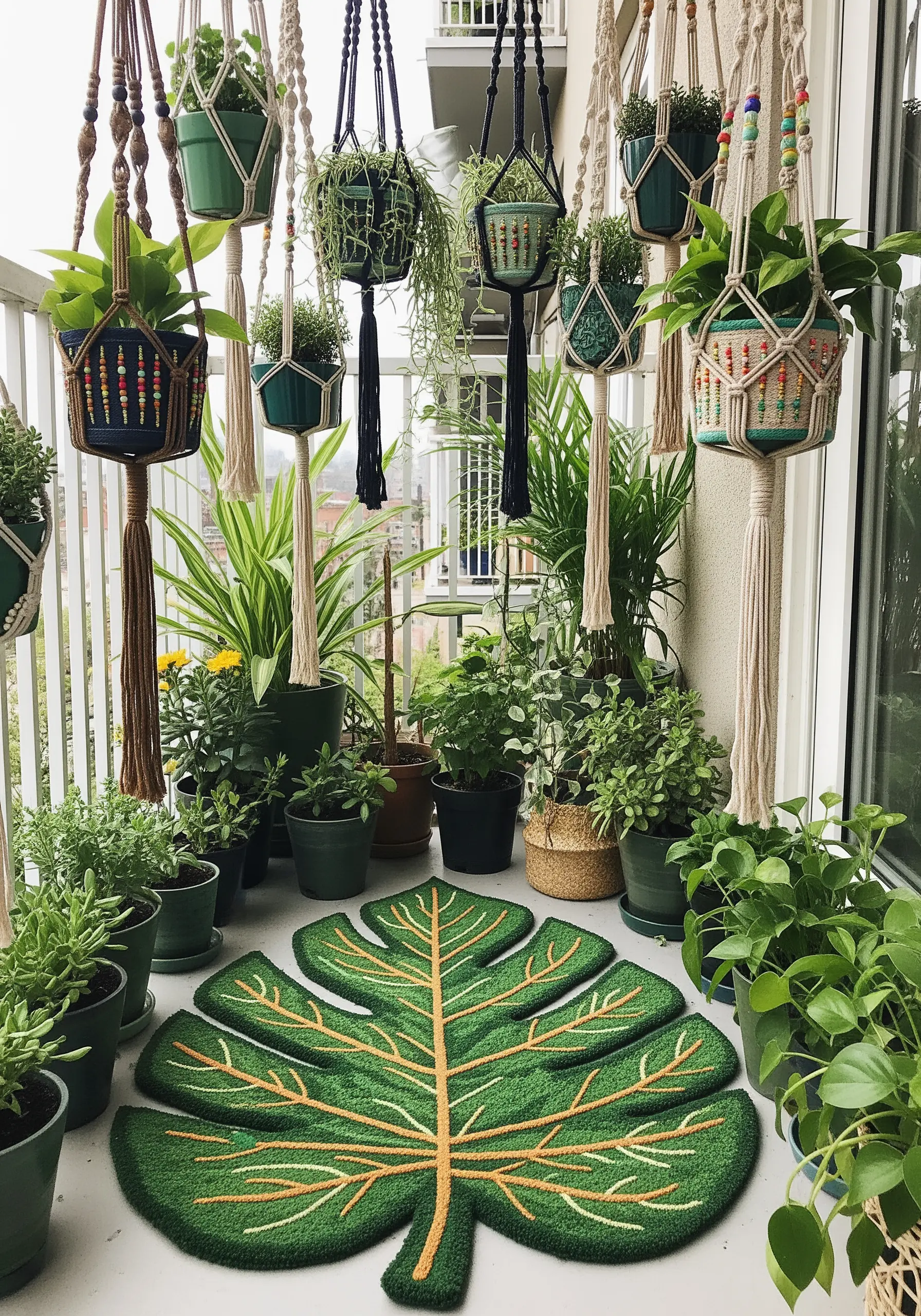 A plush, hand-stitched rug in the shape of a monstera leaf on a plant-filled balcony.