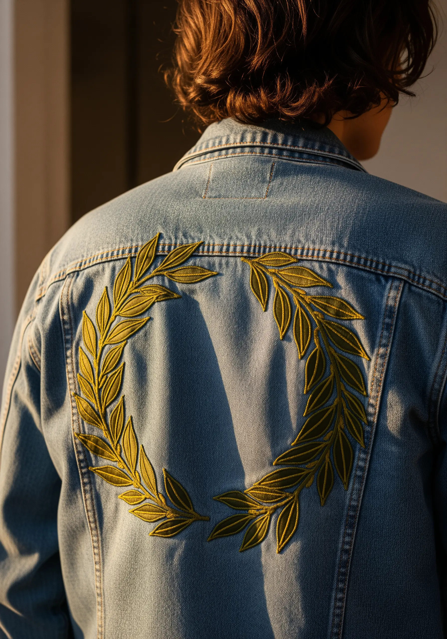 A laurel wreath embroidered in olive-green thread on the back of a light-wash denim jacket.