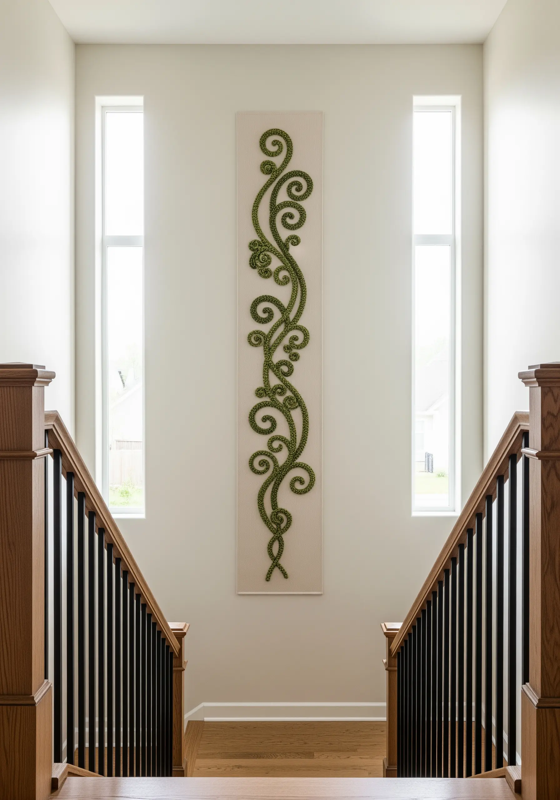 A tall, narrow wall panel featuring a swirling green vine made from raised, knotted stitches