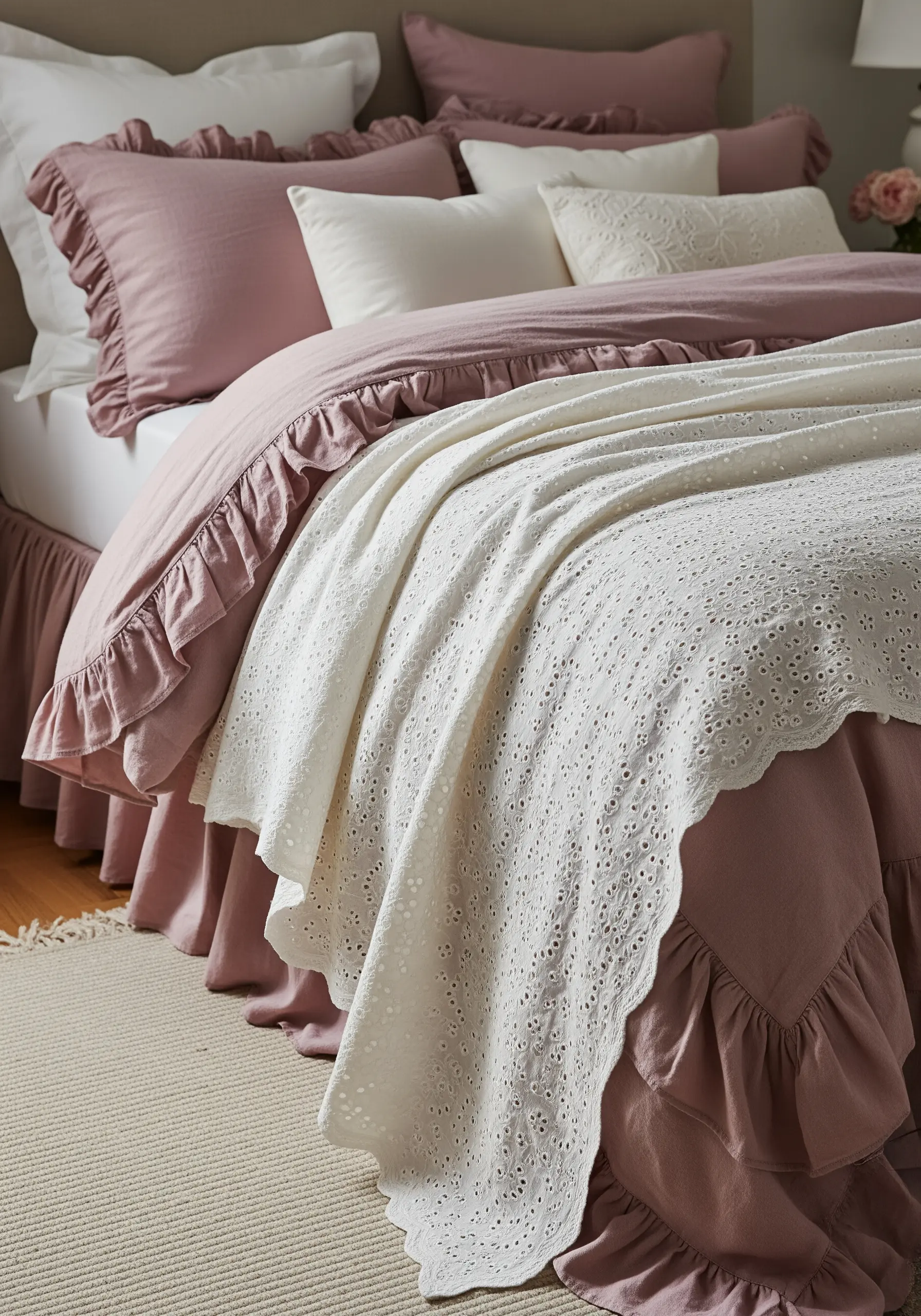 A white eyelet embroidery blanket with intricate cutwork patterns draped over a dusty rose bedspread.