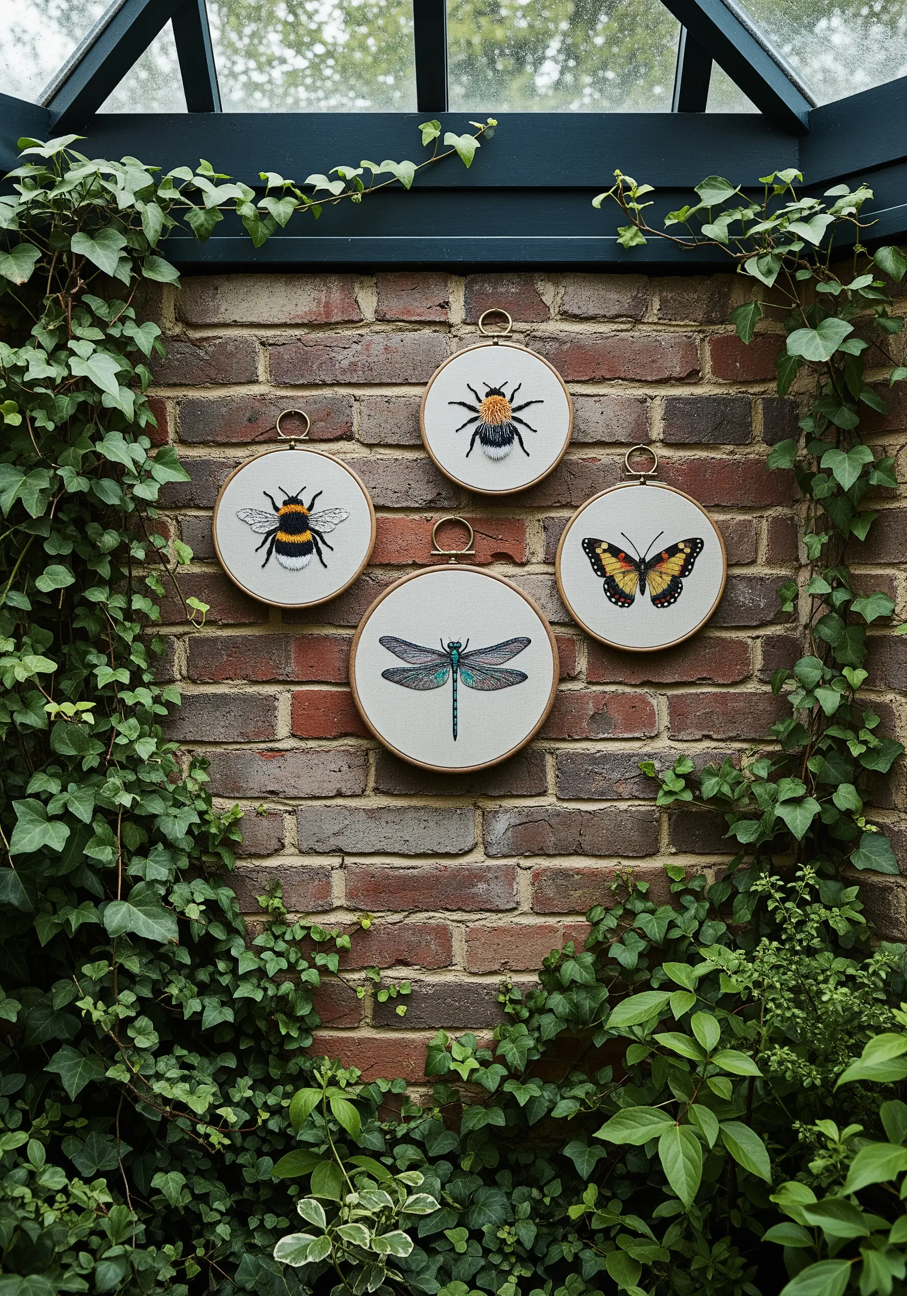 Four embroidery hoops on a brick wall, each featuring a detailed insect: a bee, butterfly, and dragonfly.
