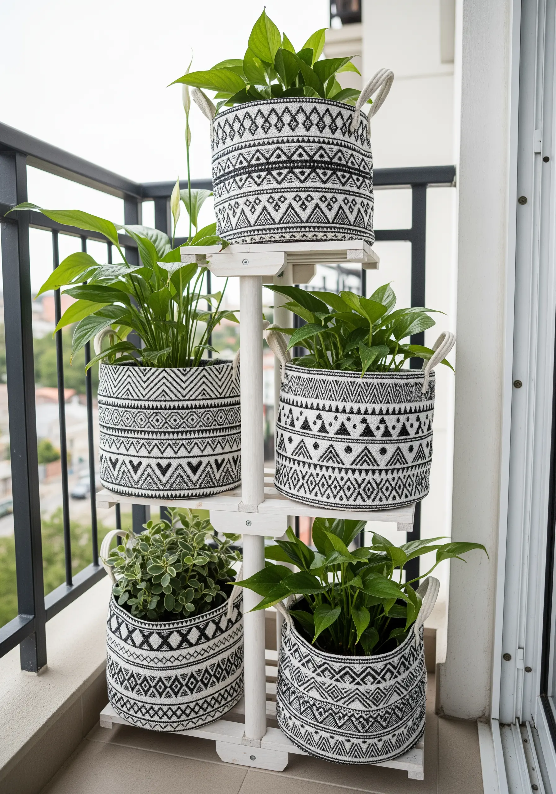 A multi-level plant stand on a balcony holding several plants in monochrome geometric-patterned fabric baskets.