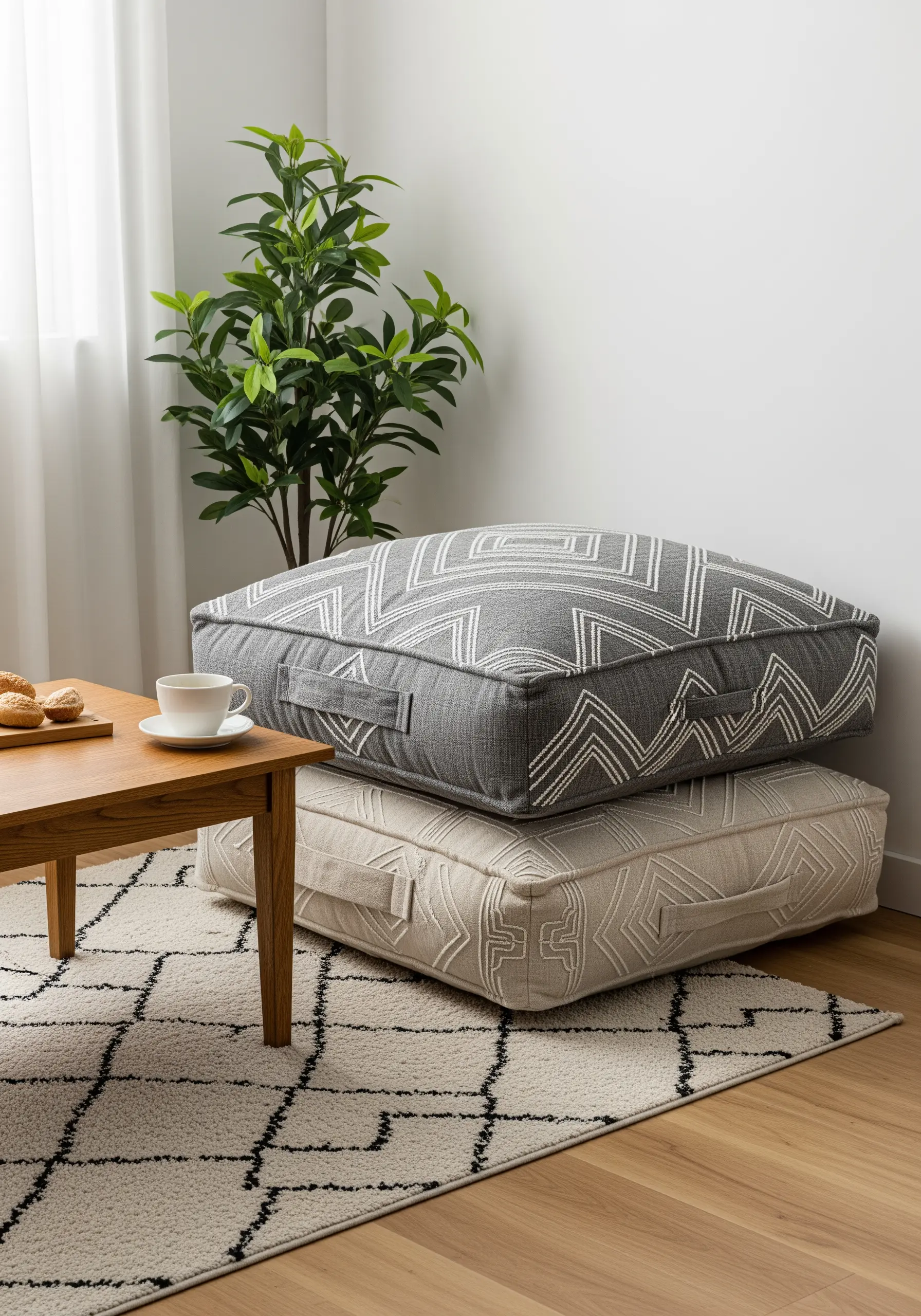 Two large floor cushions with geometric patterns stitched in white thread.