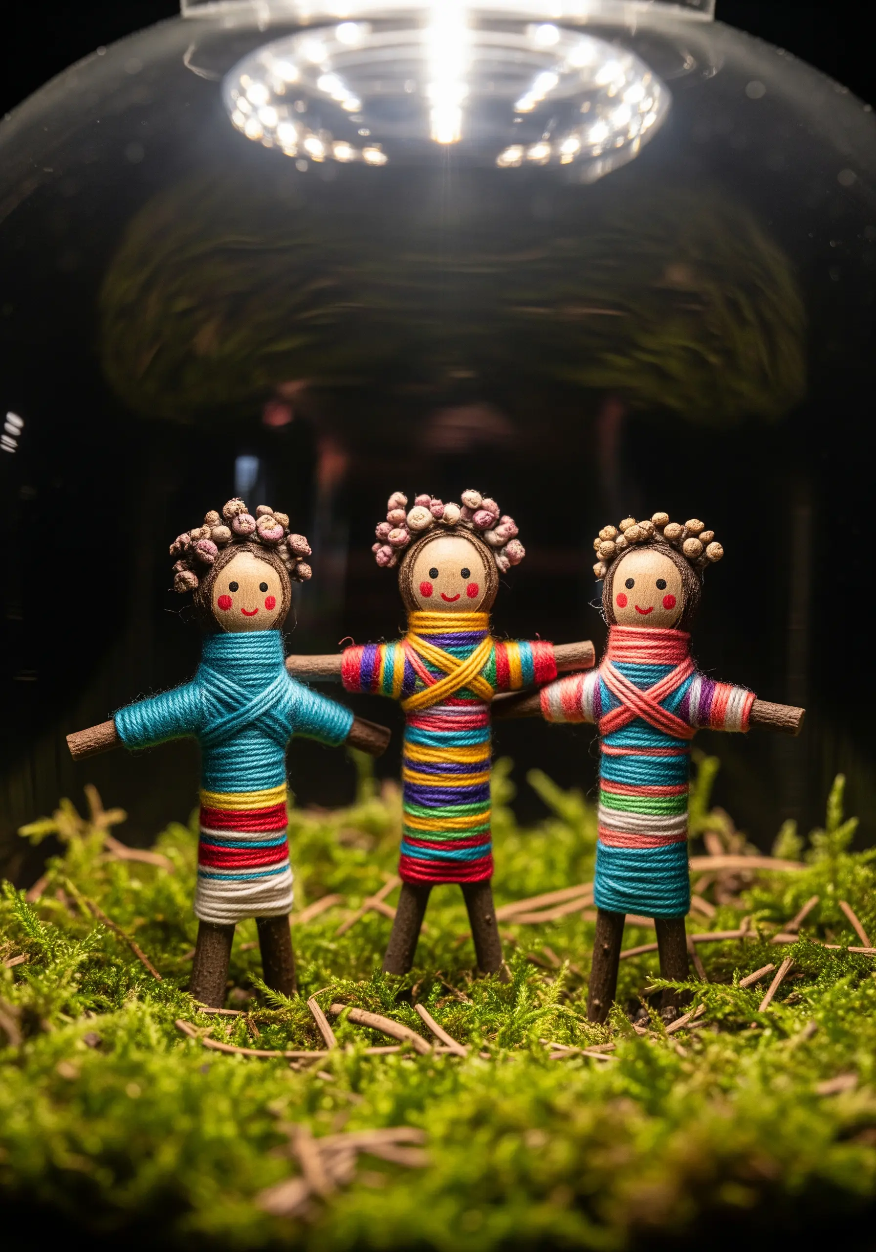Three small, colorful worry dolls made from twigs and wrapped thread, standing in moss.