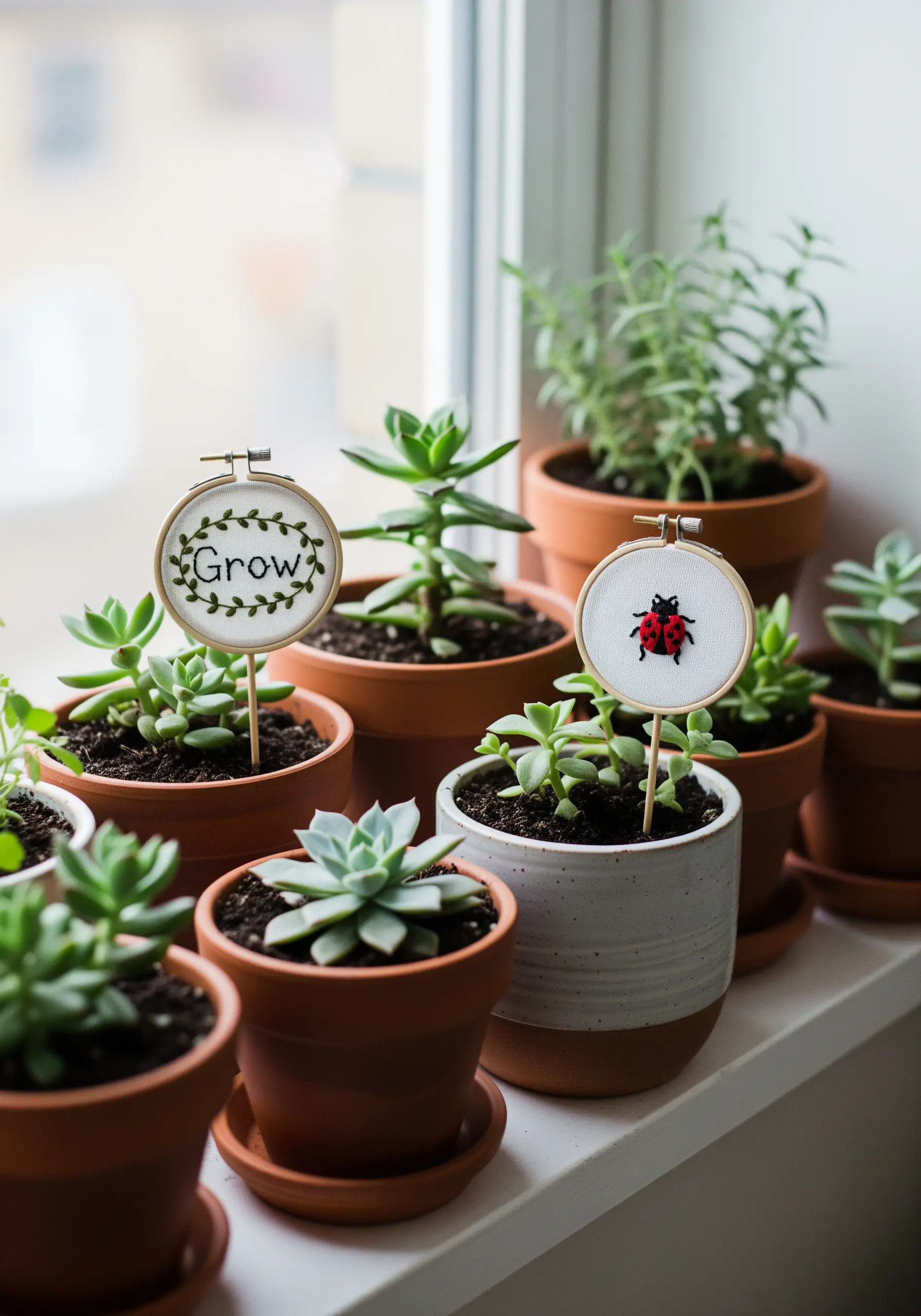 Tiny embroidery hoops on sticks used as decorative markers in succulent pots on a windowsill.