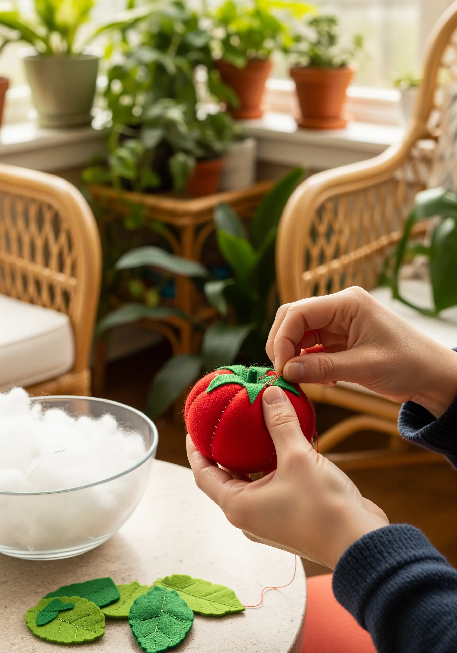 Hands stitching the final details on a handmade felt tomato pincushion, with stuffing nearby.