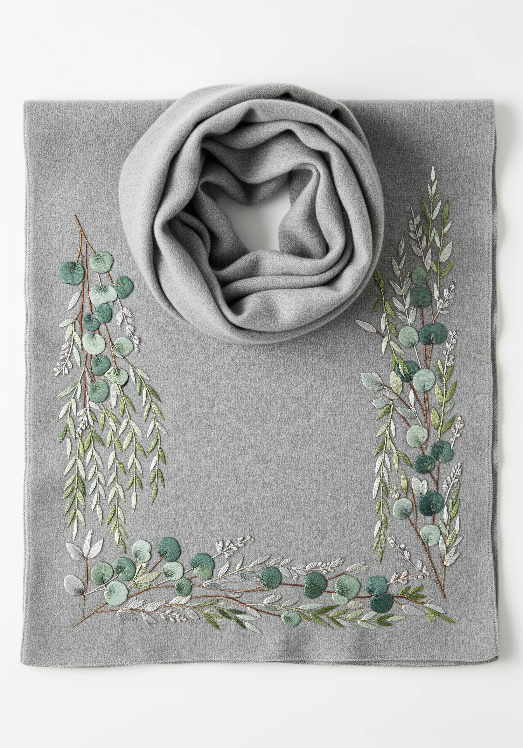 Eucalyptus and willow leaves embroidered as a border on a soft grey scarf.