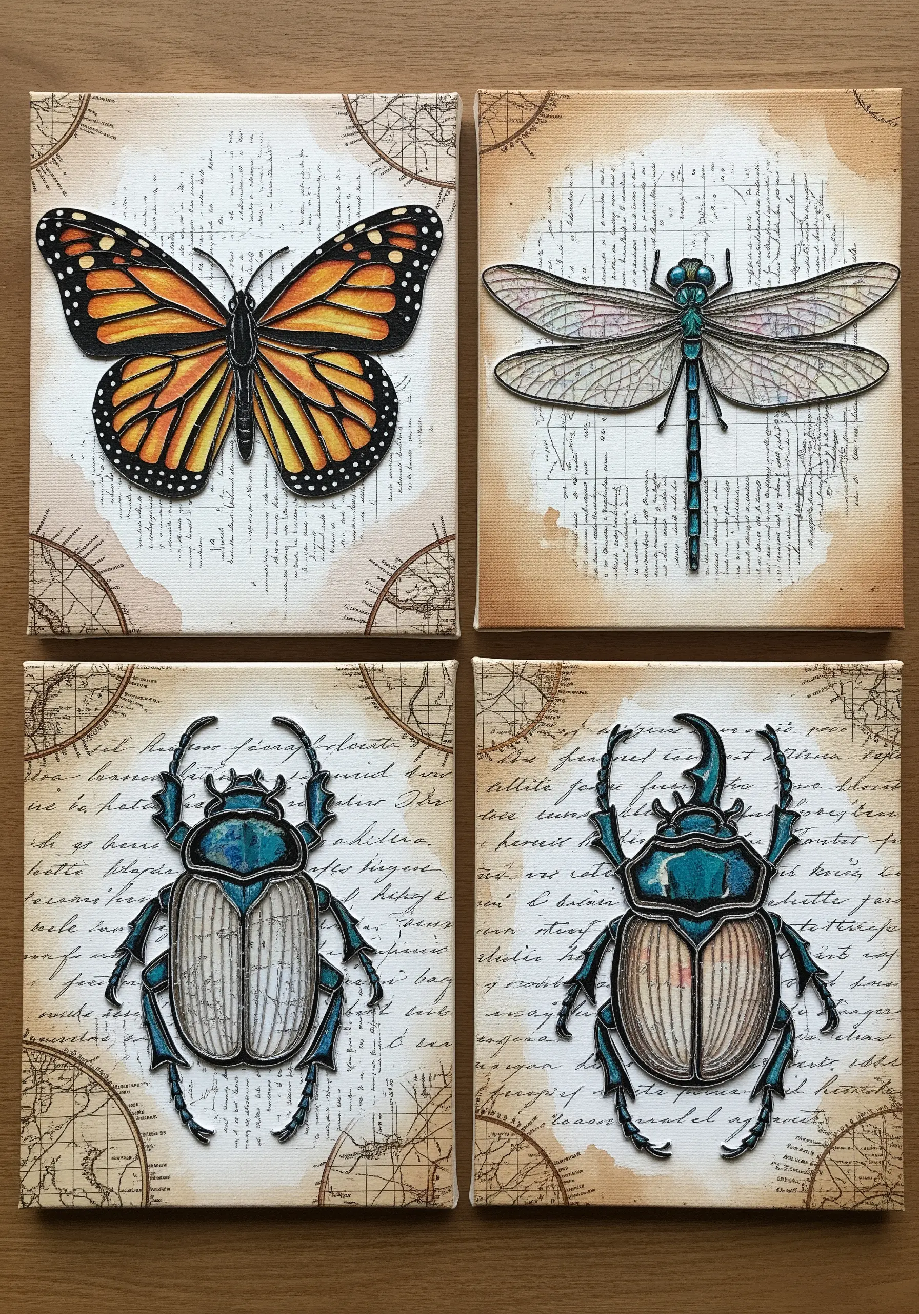Four canvases with embroidered insects—a butterfly, dragonfly, and beetles—appliquéd onto a vintage map background.