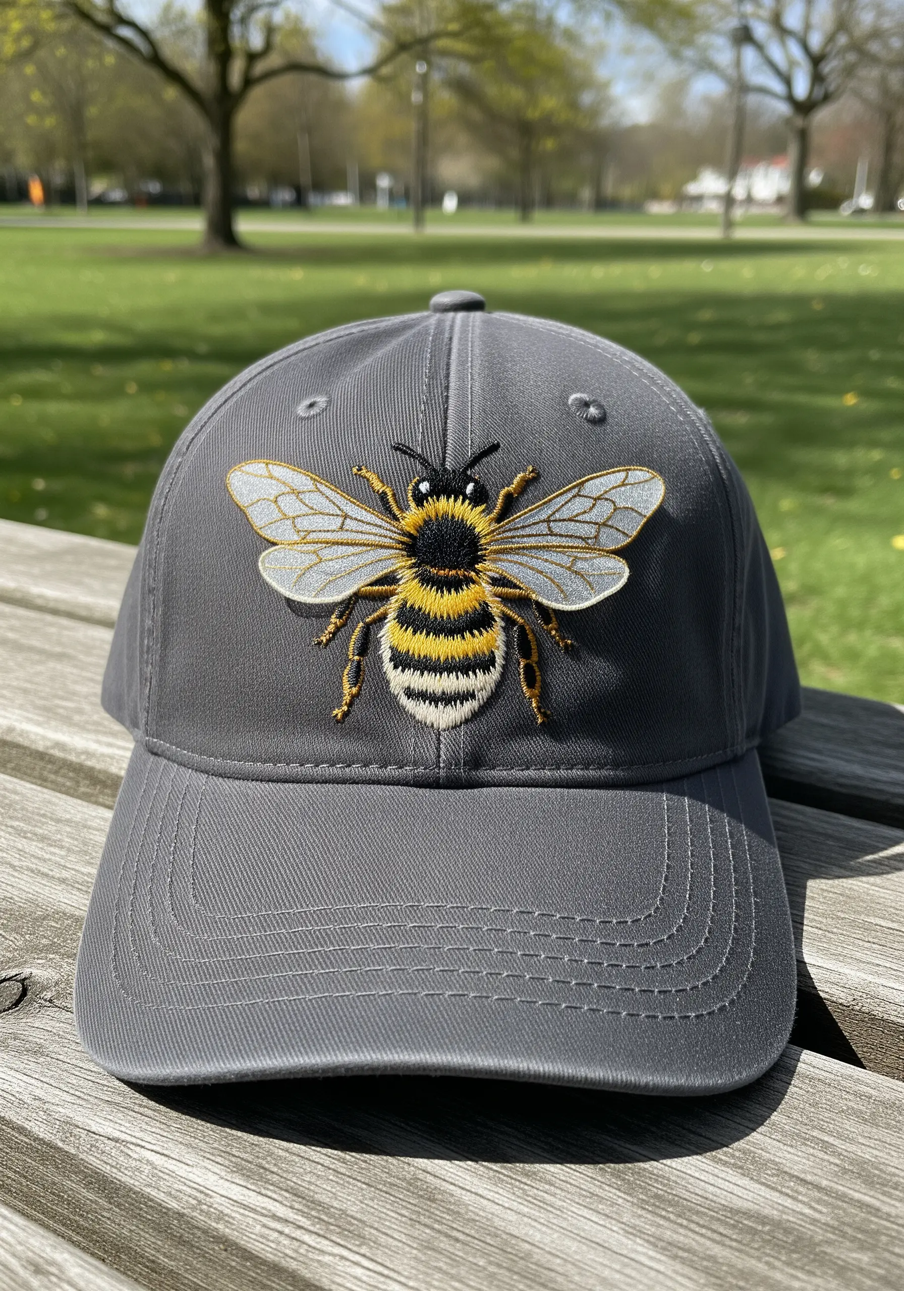 A highly detailed, realistic bee with fuzzy texture and sheer wings embroidered on a gray baseball cap.