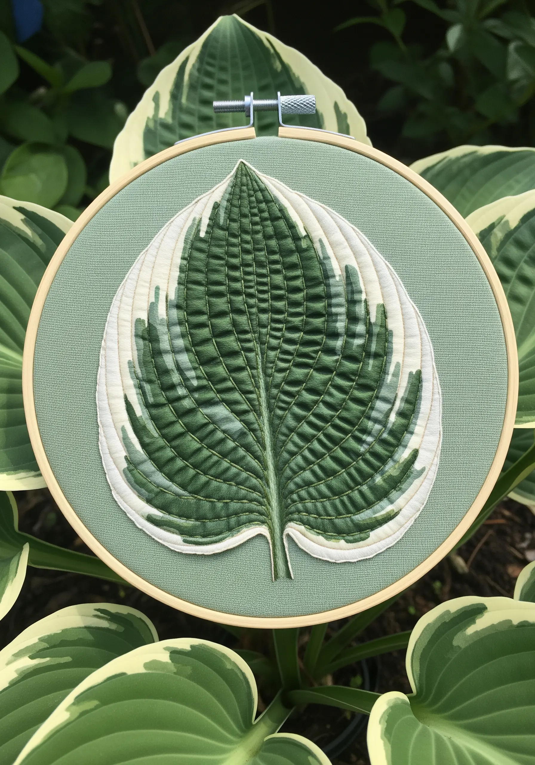 A highly realistic hosta leaf with raised, padded veins and variegated edges.