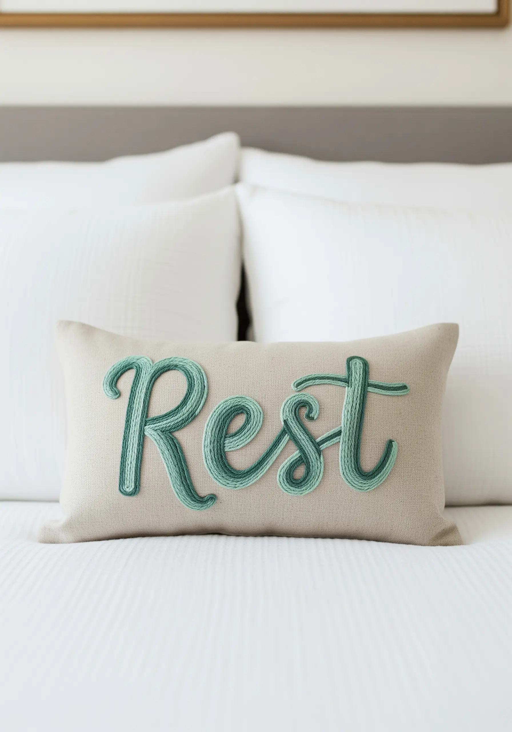 A lumbar pillow with the word 'Rest' embroidered in thick, raised green lettering.