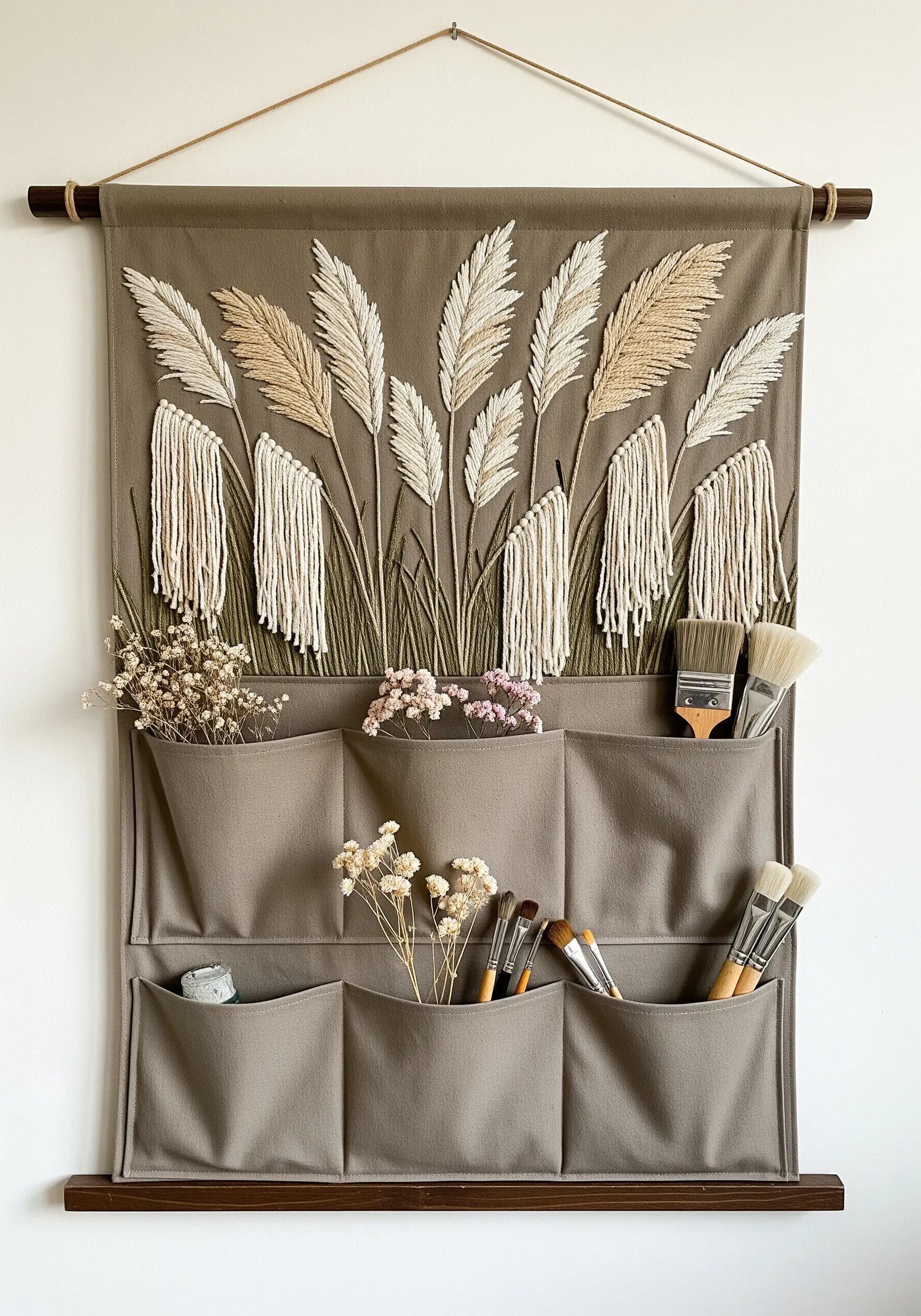 A wall organizer with embroidered pampas grass featuring a 3D fringe effect.