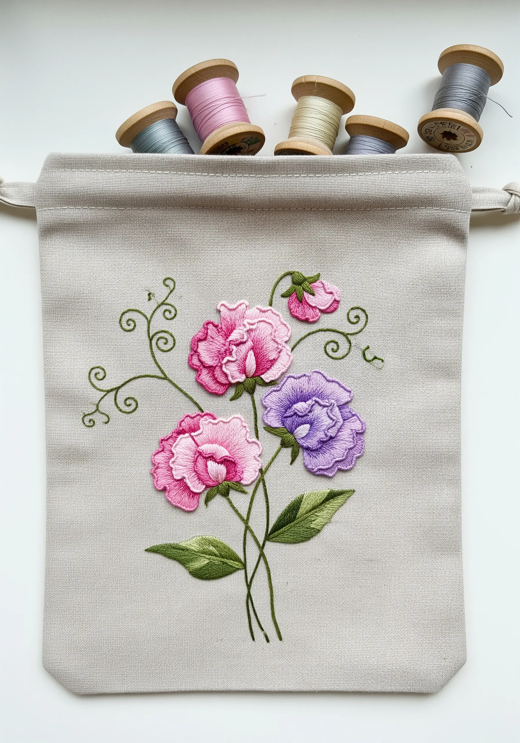 3D embroidered sweet pea flowers in pink and purple with detached petals on a linen pouch.