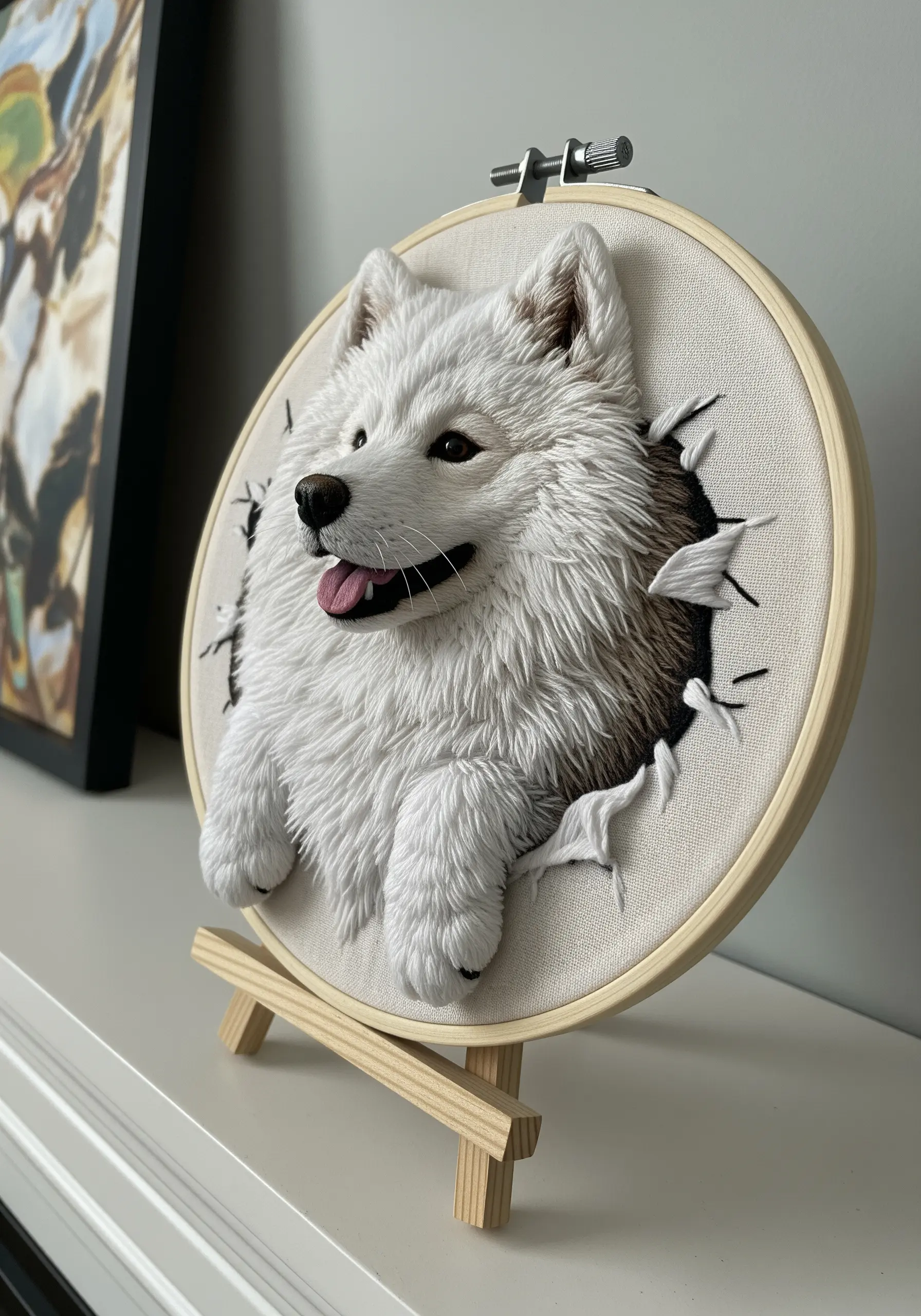 3D stumpwork embroidery of a fluffy white Samoyed dog breaking through the fabric.