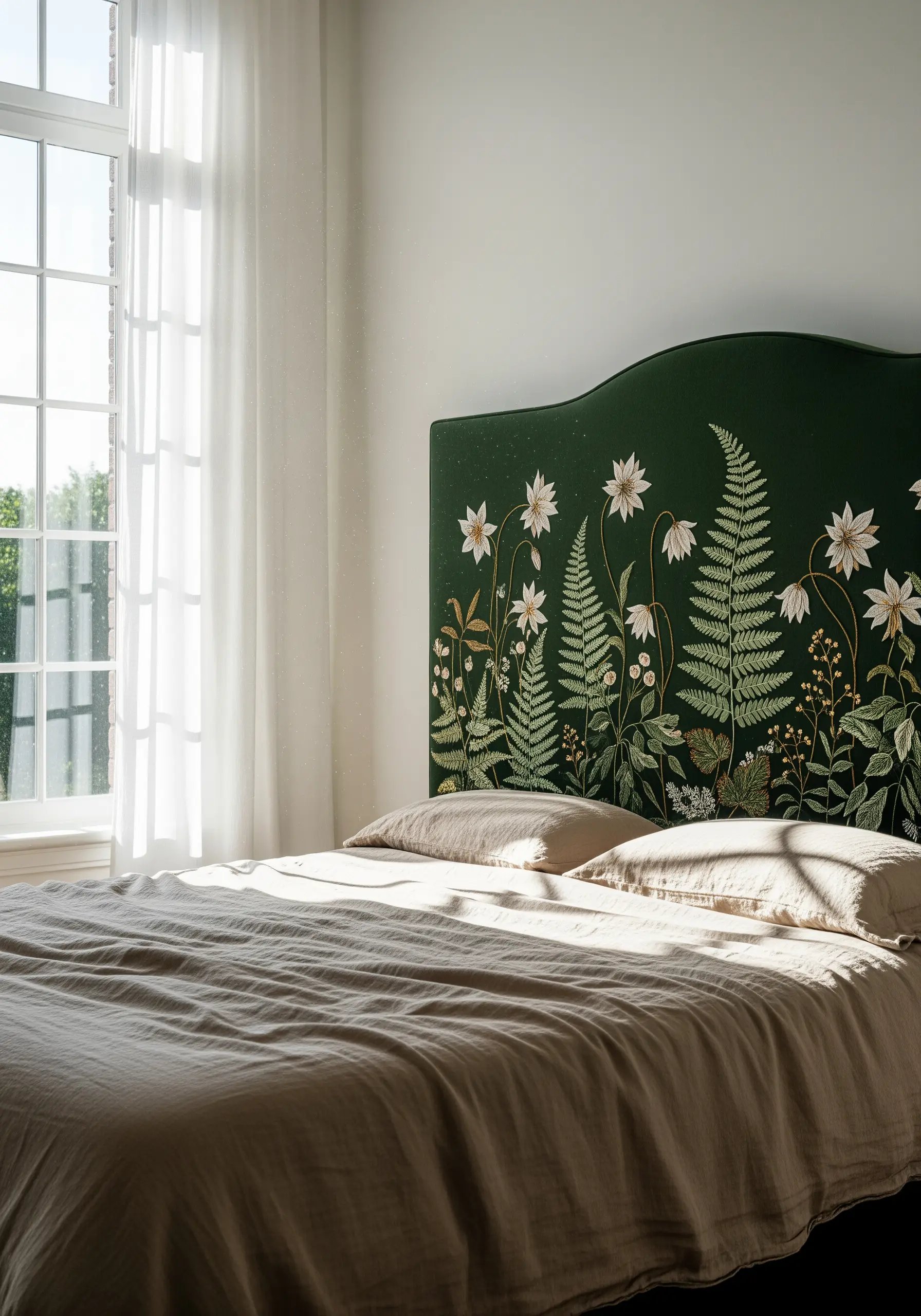 An embroidered headboard with detailed ferns and white flowers against dark green velvet.