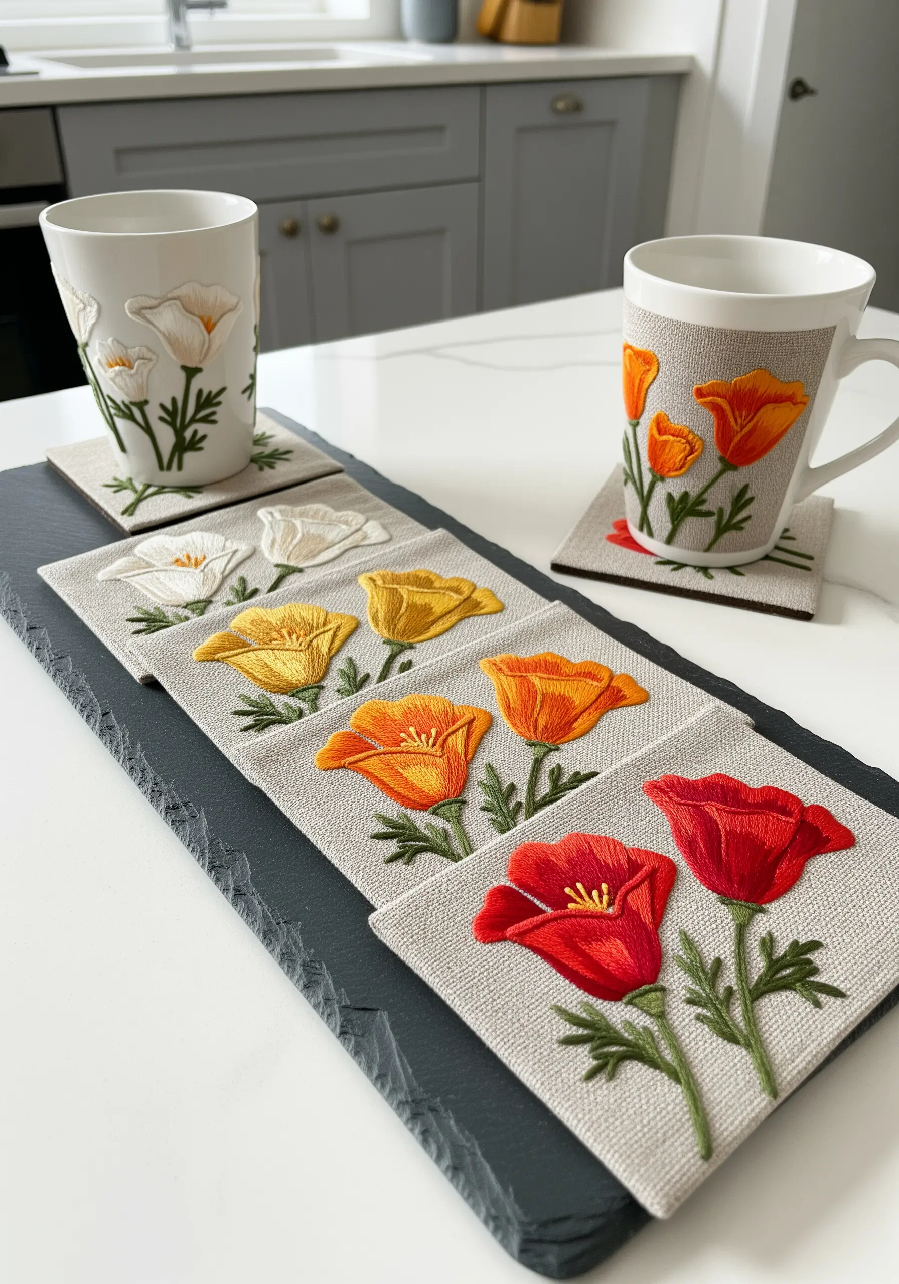 A set of embroidered coasters, each featuring California poppies in a different color.