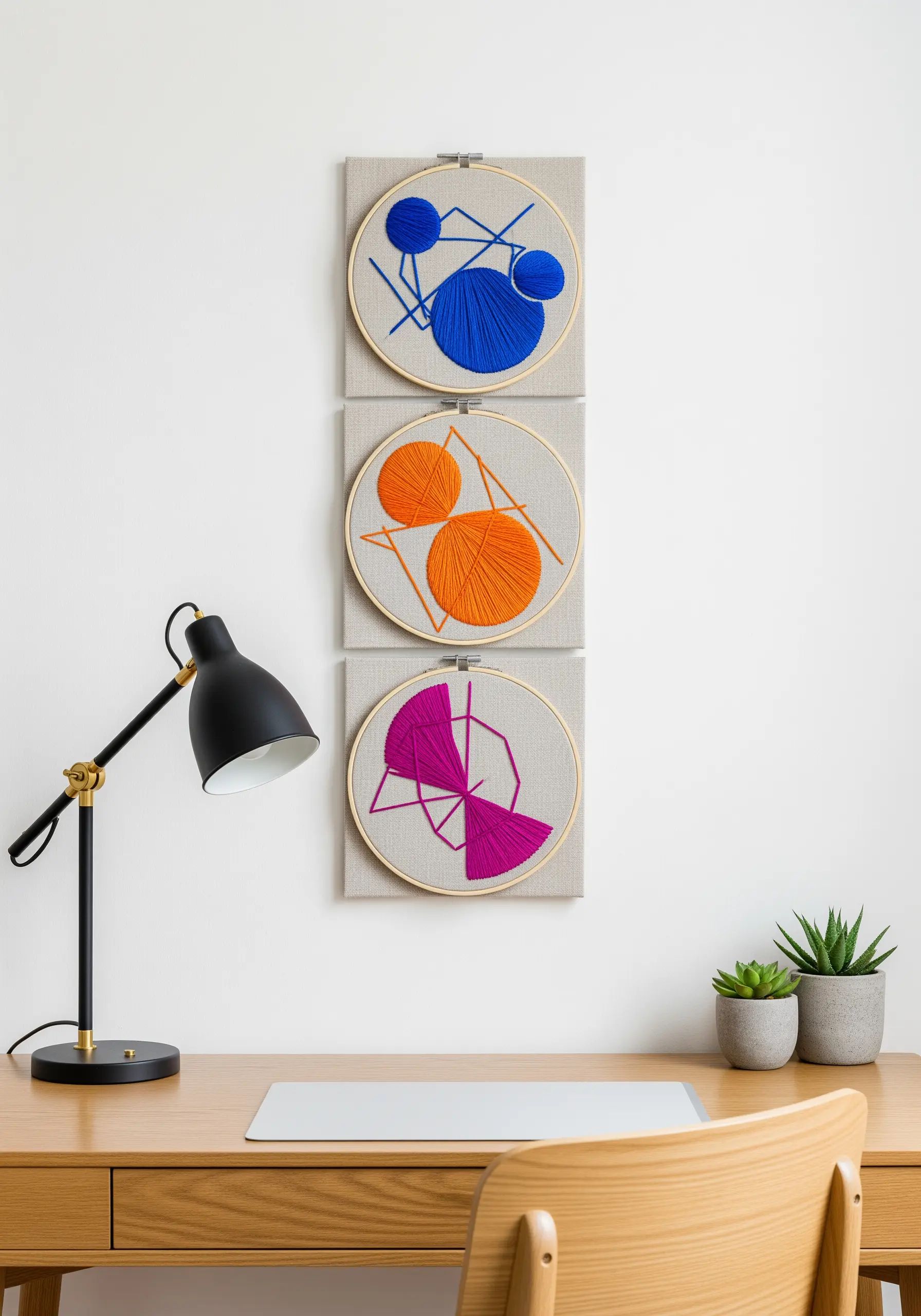 Triptych of three abstract embroidery hoops in blue, orange, and magenta on a wall.