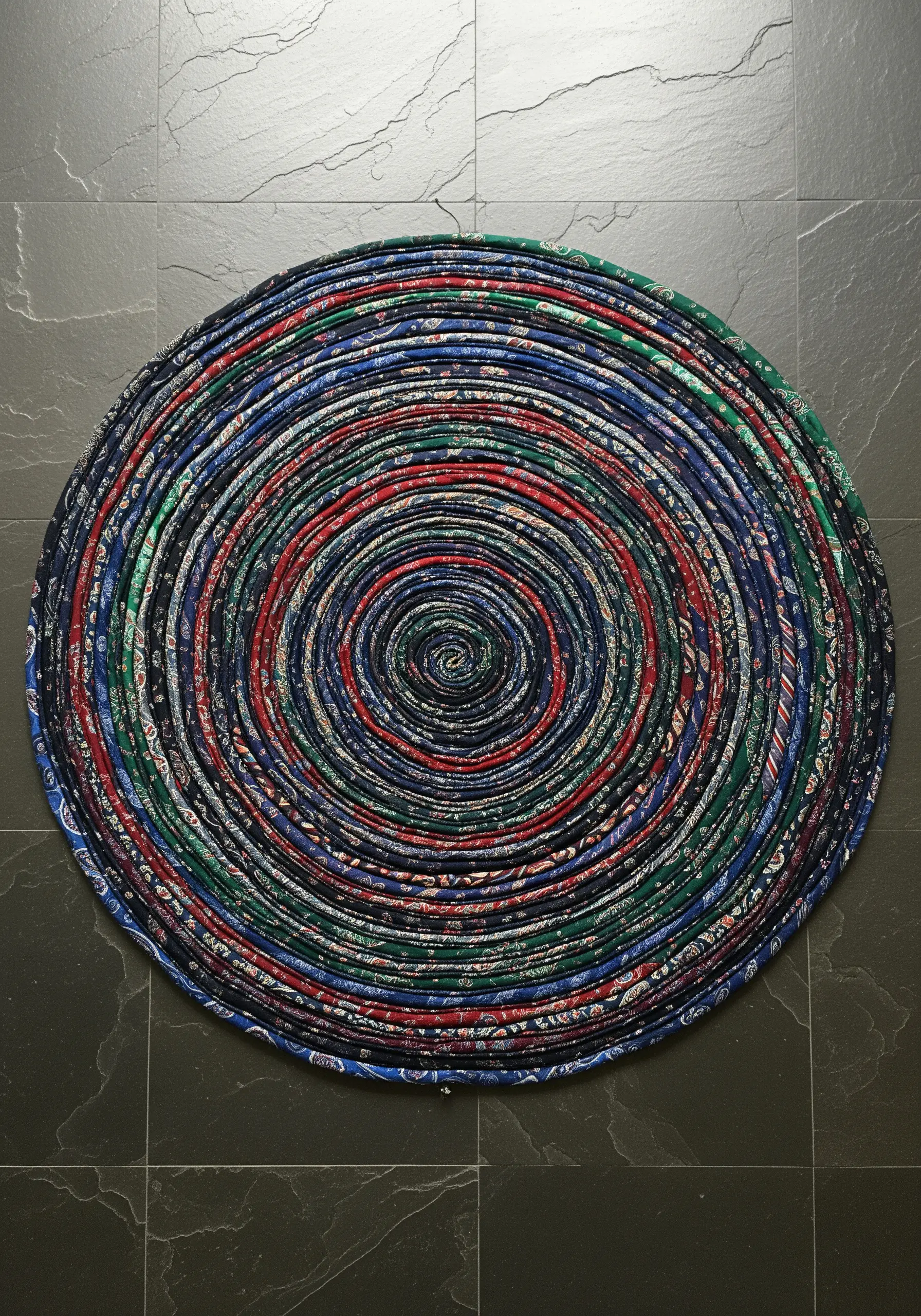 A large, circular rag rug on the floor, made from coiling colorful strips of recycled fabric.