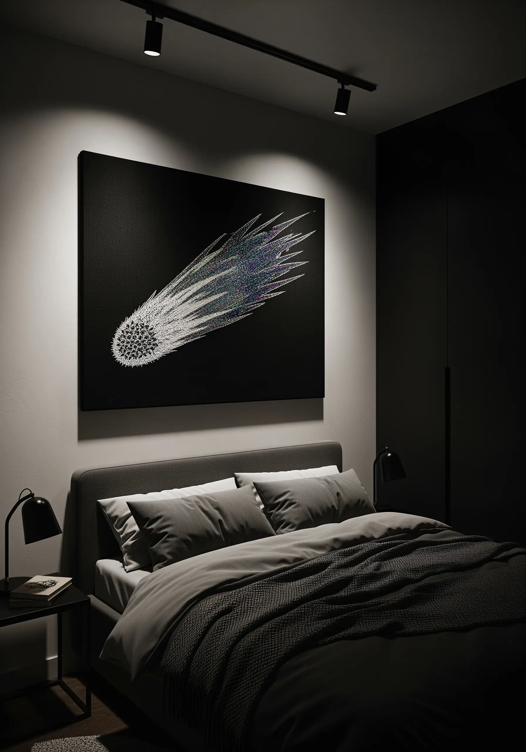 A large canvas with an embroidered comet, its tail made of sparkling, multi-colored threads.