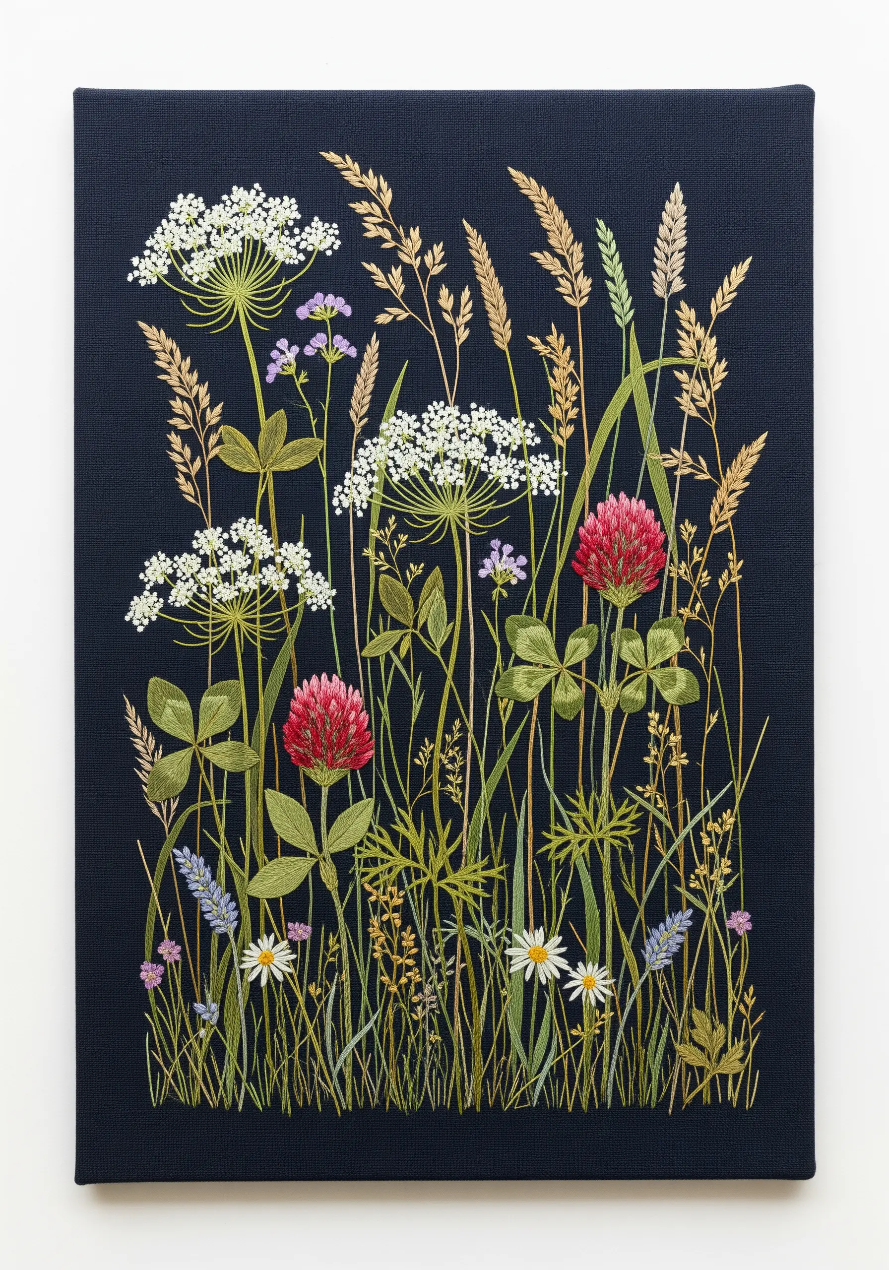 A dense and detailed embroidery of a wildflower meadow on a dark navy canvas.