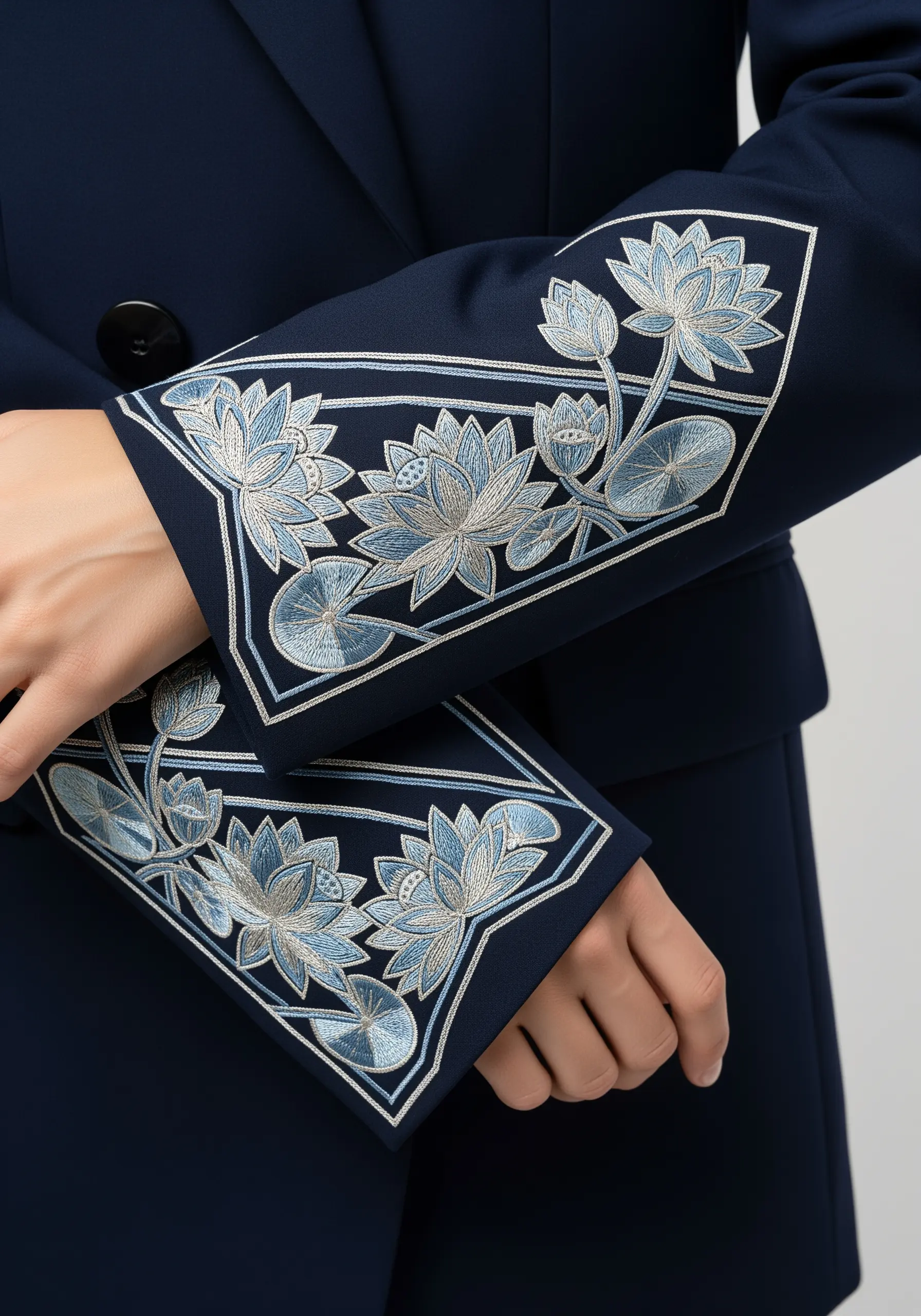 Framed water lily embroidery in shades of blue on the cuffs of a navy blazer