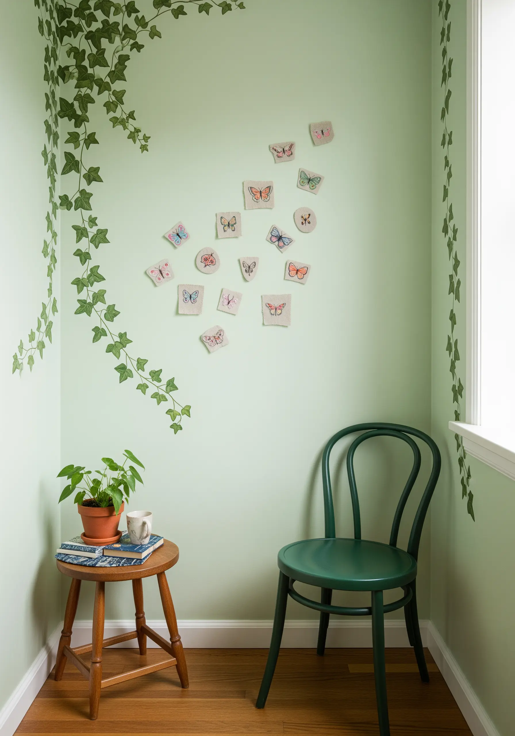 A collection of colorful embroidered butterfly patches arranged in a swirling pattern on a light green wall.