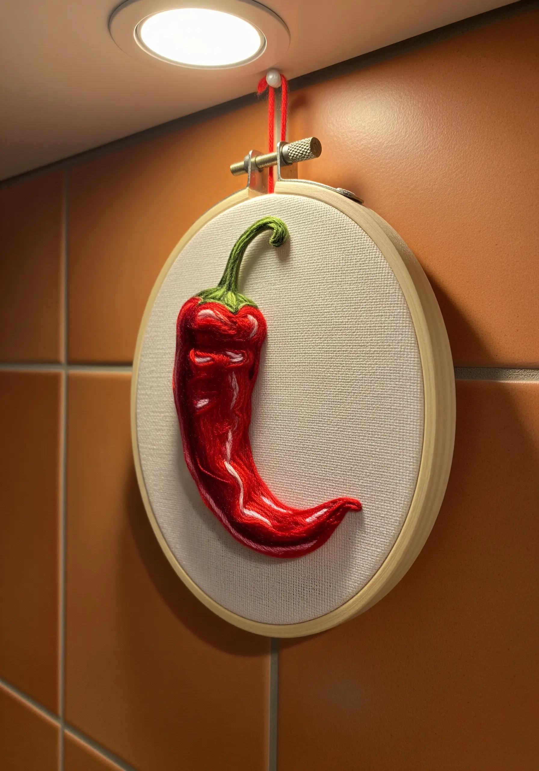 A hyper-realistic embroidered red chili pepper with a glossy, light-reflecting finish.