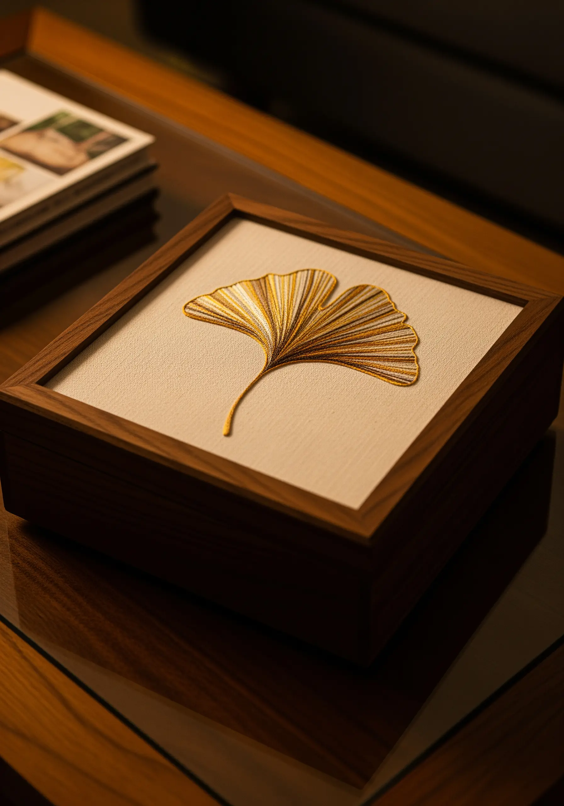 An embroidered ginkgo leaf with a gold-to-brown gradient, framed in a wooden box lid.