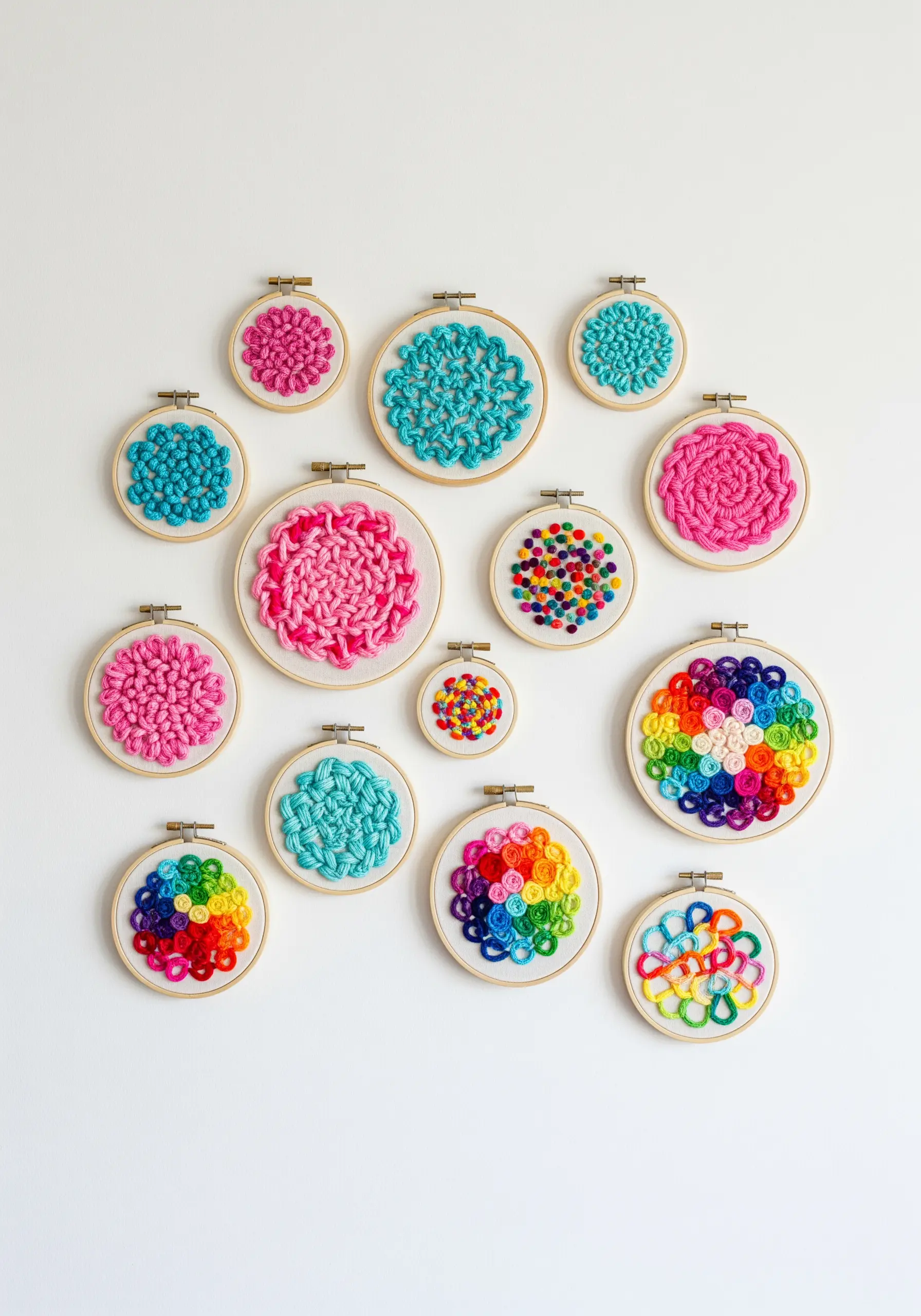 A gallery wall of many small embroidery hoops filled with colorful, highly textured abstract stitches.