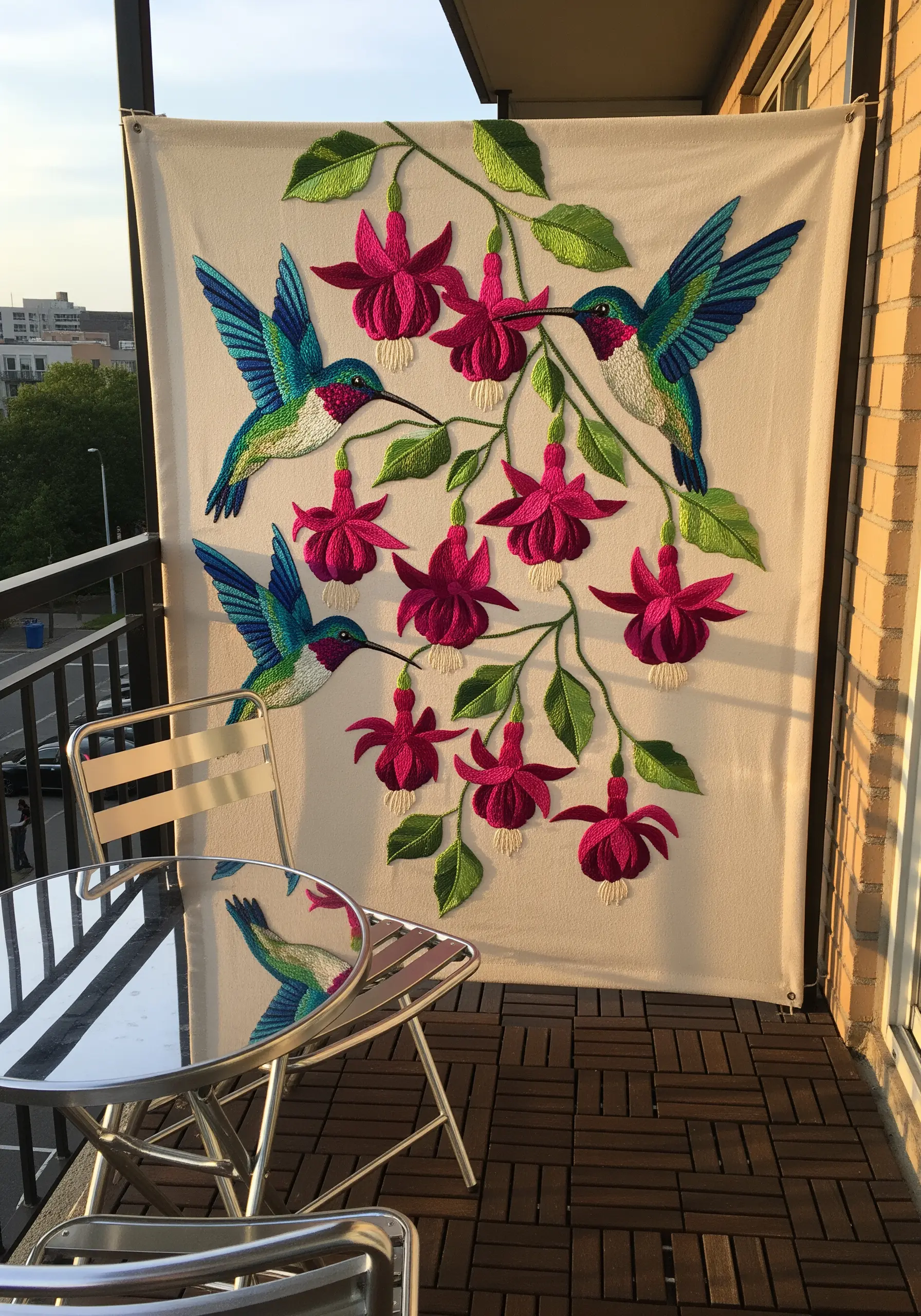 Large-scale embroidery tapestry of hummingbirds and fuchsia flowers on a balcony wall.