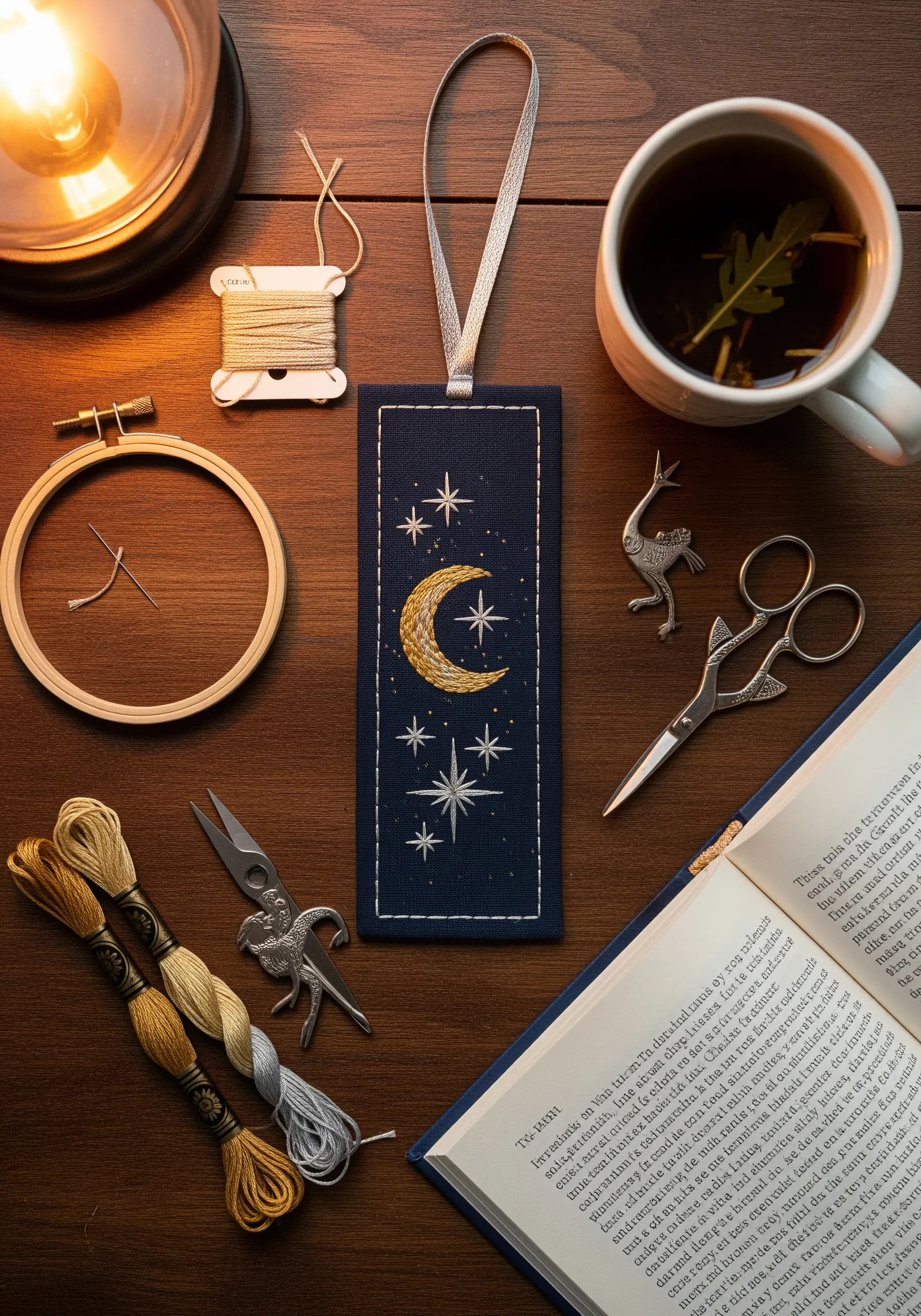 Embroidered celestial bookmark with a textured golden moon and silver stars on dark blue fabric.