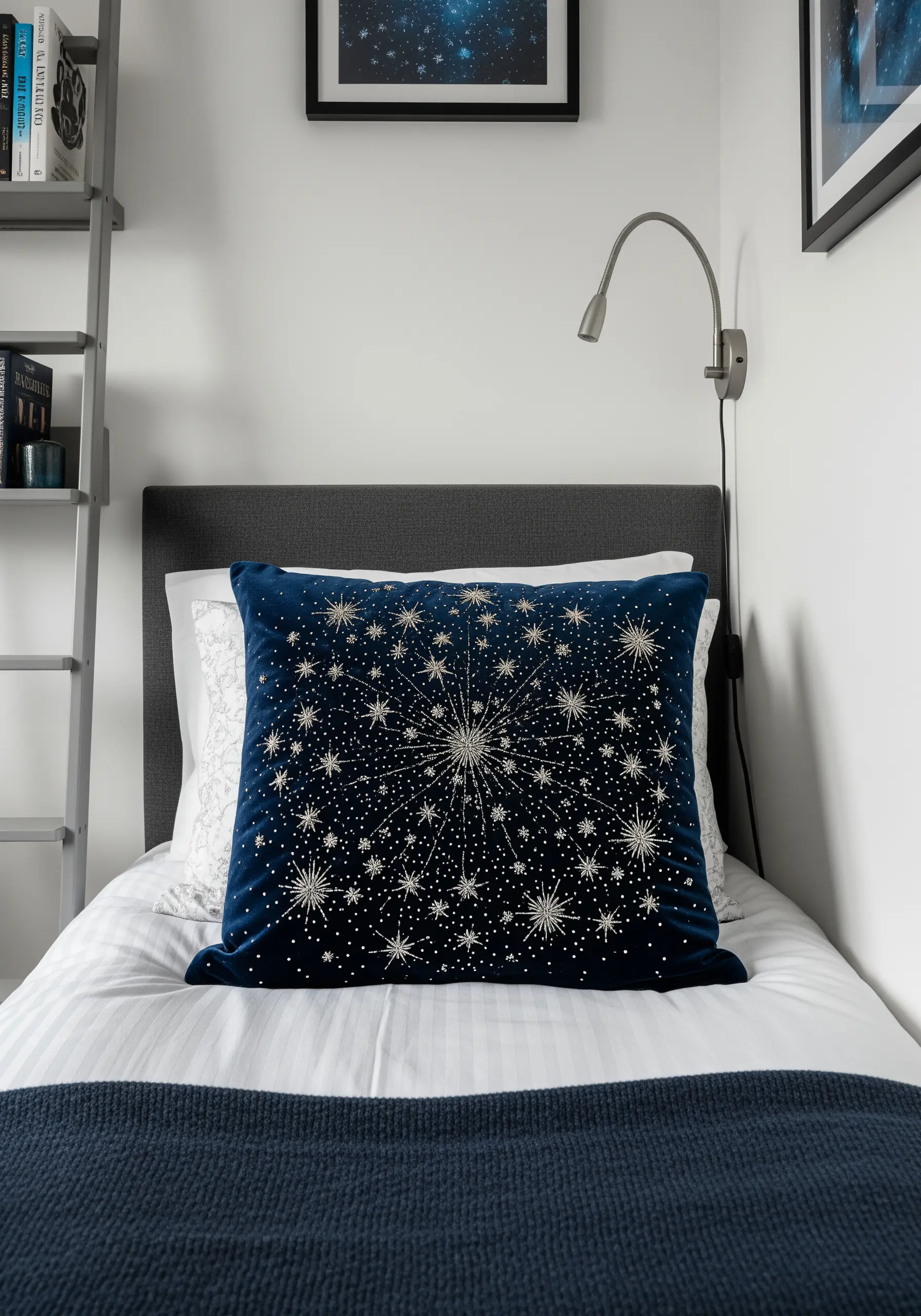 A starburst pattern embroidered in silver thread and beads on a navy blue velvet cushion.