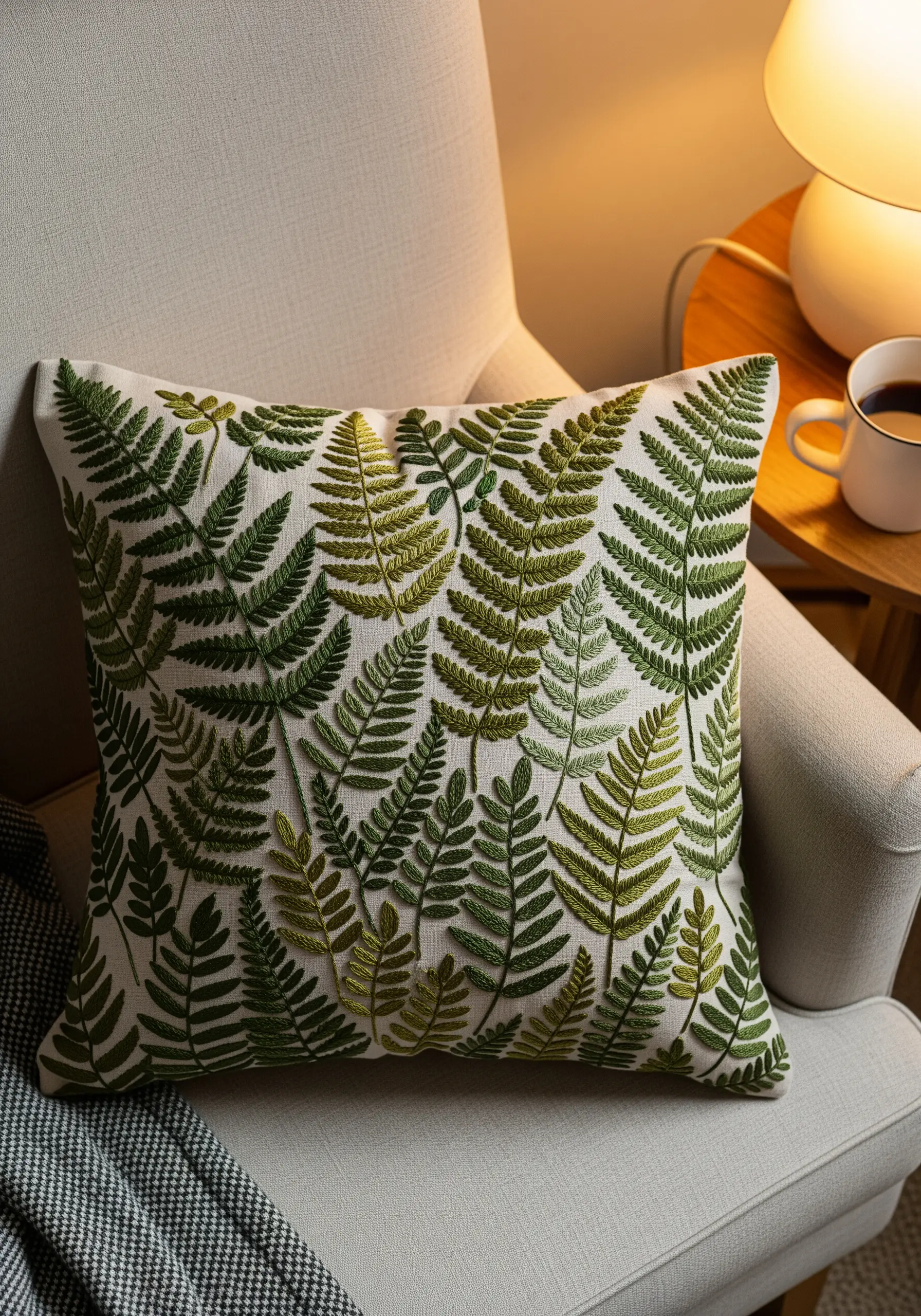 Embroidered cushion covered in a dense pattern of green fern leaves.
