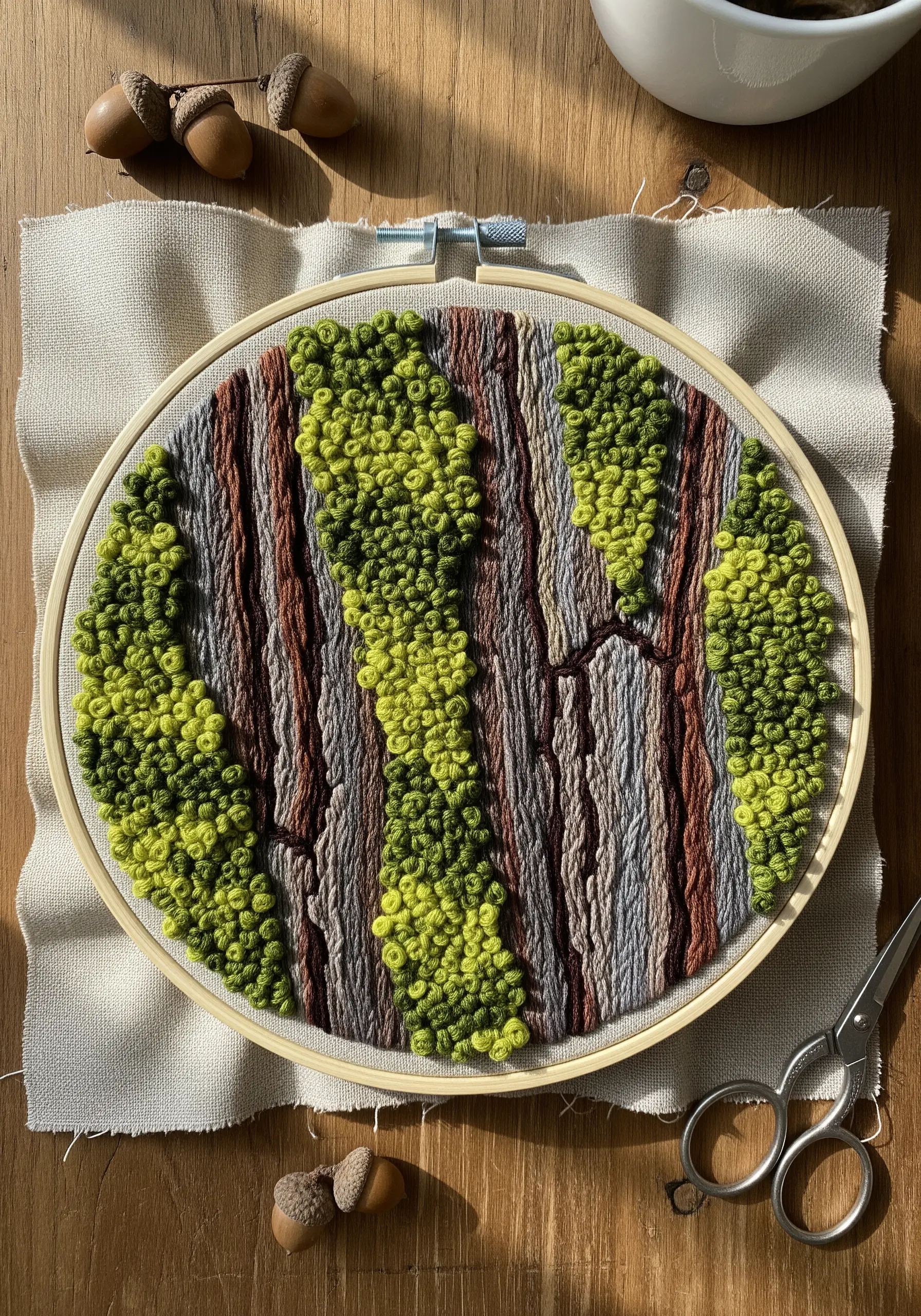 Embroidery hoop with textured French knots for moss and straight stitches for tree bark.