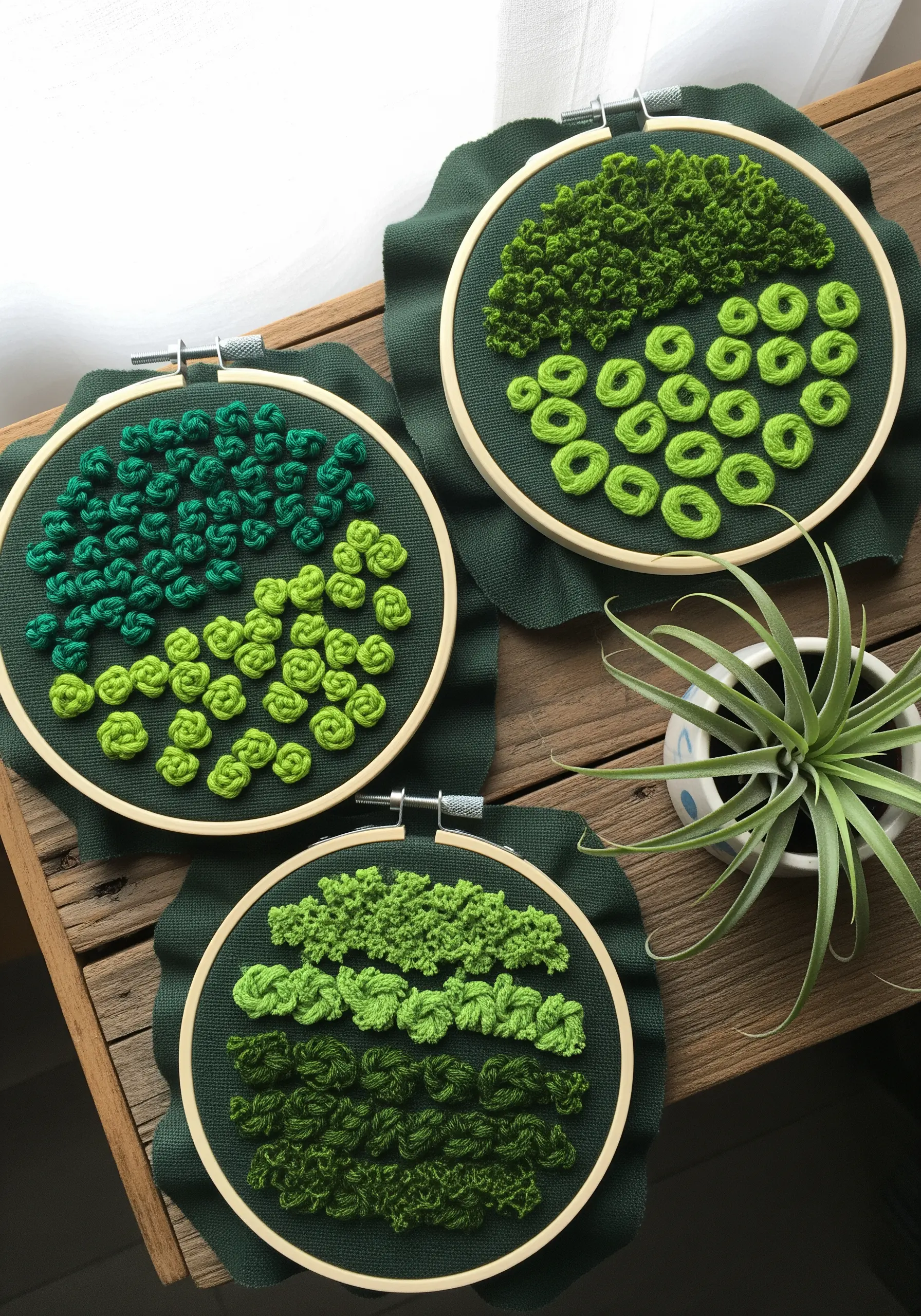 Three embroidery hoops showcasing different green dimensional knots, including French knots and woven wheels.