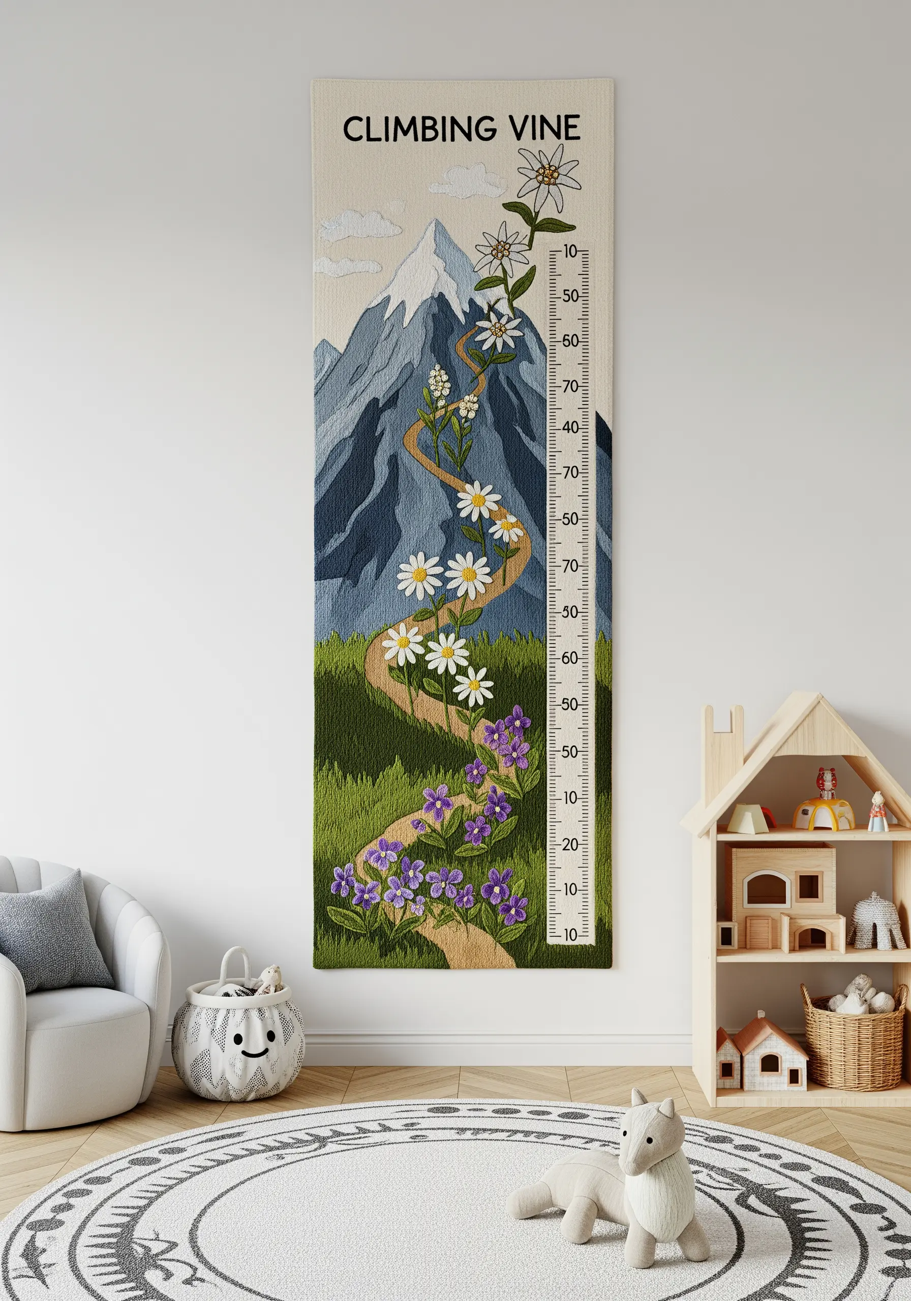 A tall, embroidered growth chart showing a vine of flowers climbing up a mountain