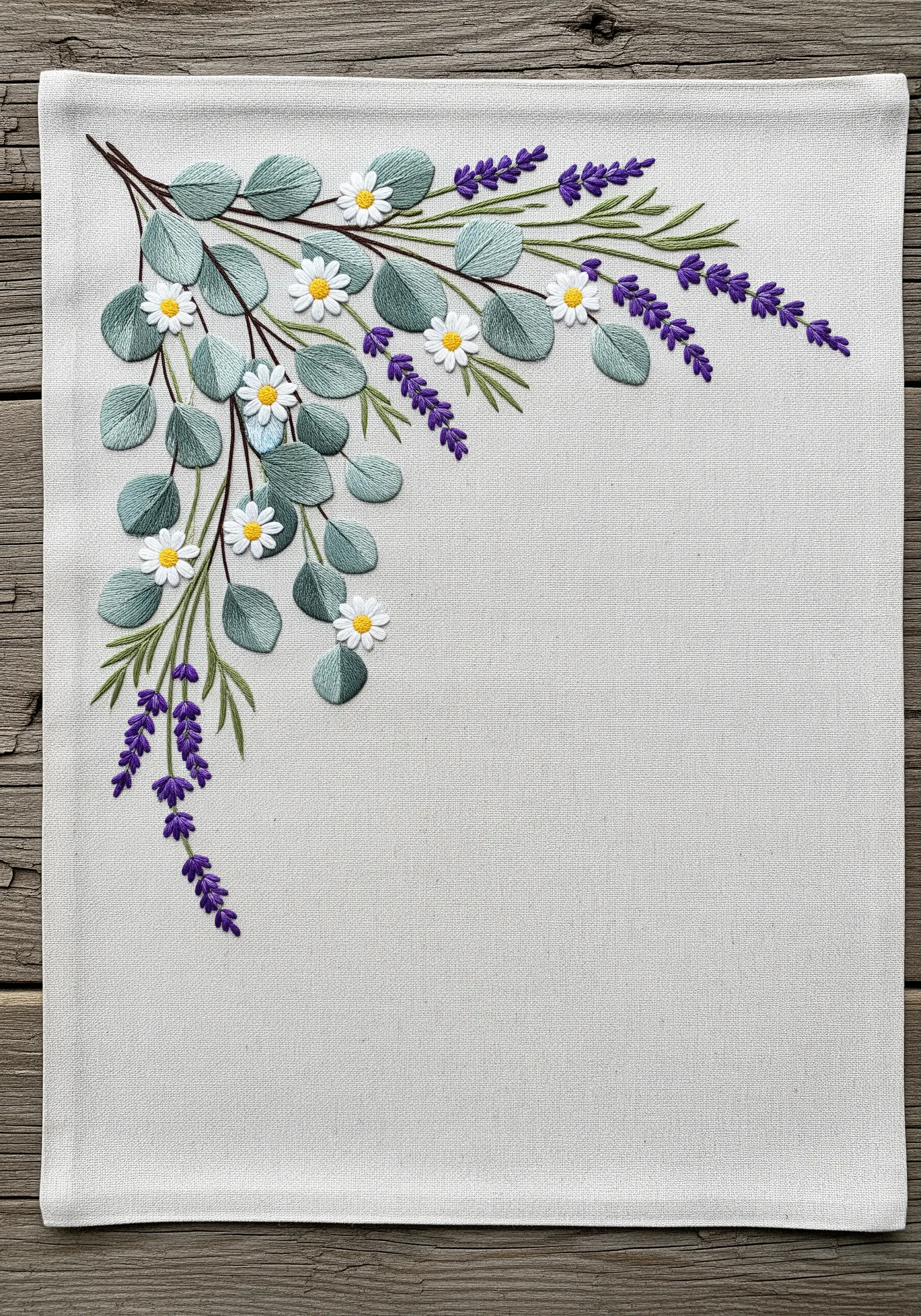 A corner floral arrangement with eucalyptus, lavender, and daisies on a linen cloth.
