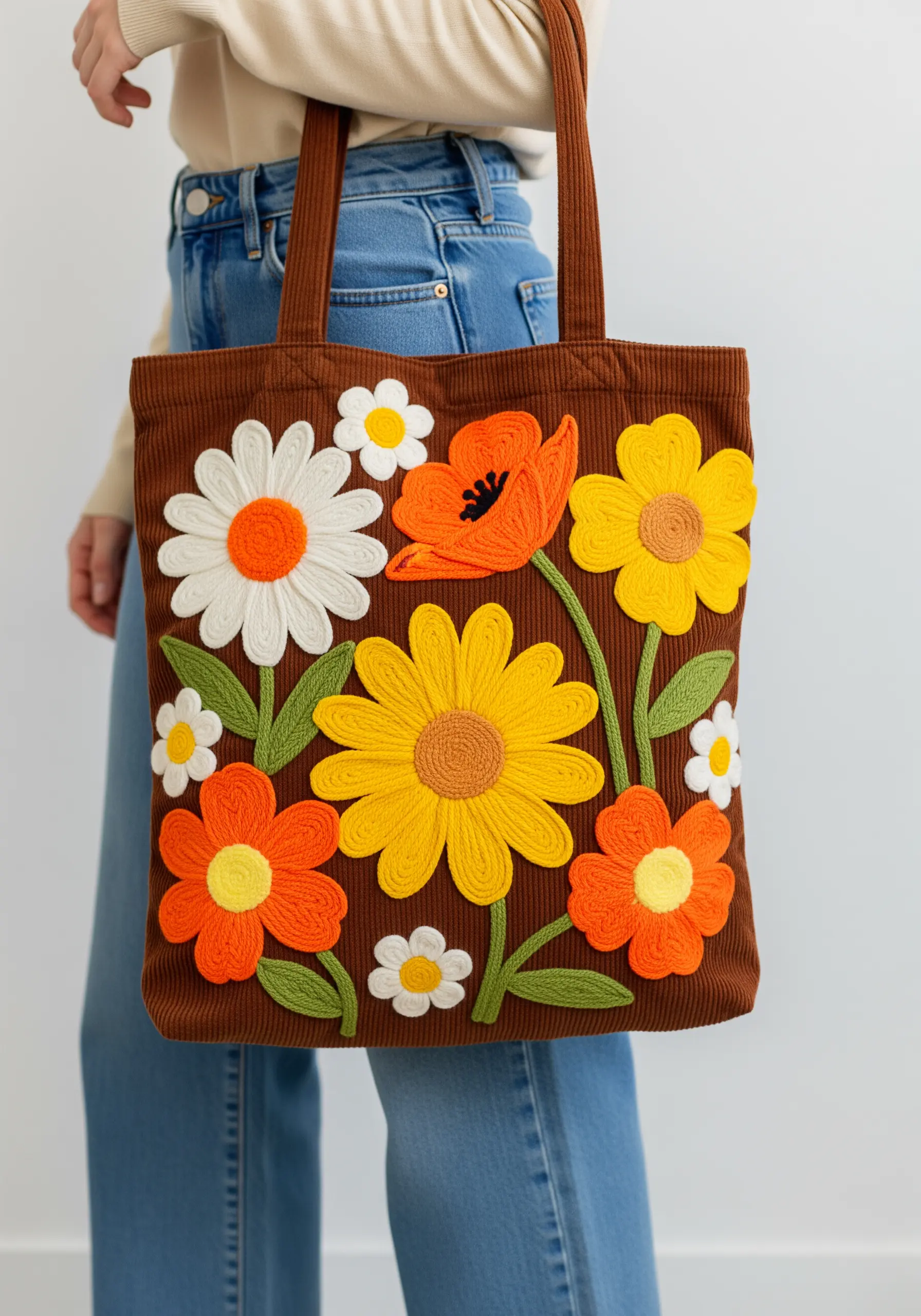 Bold, 70s-style retro flowers with couched outlines on a brown corduroy bag