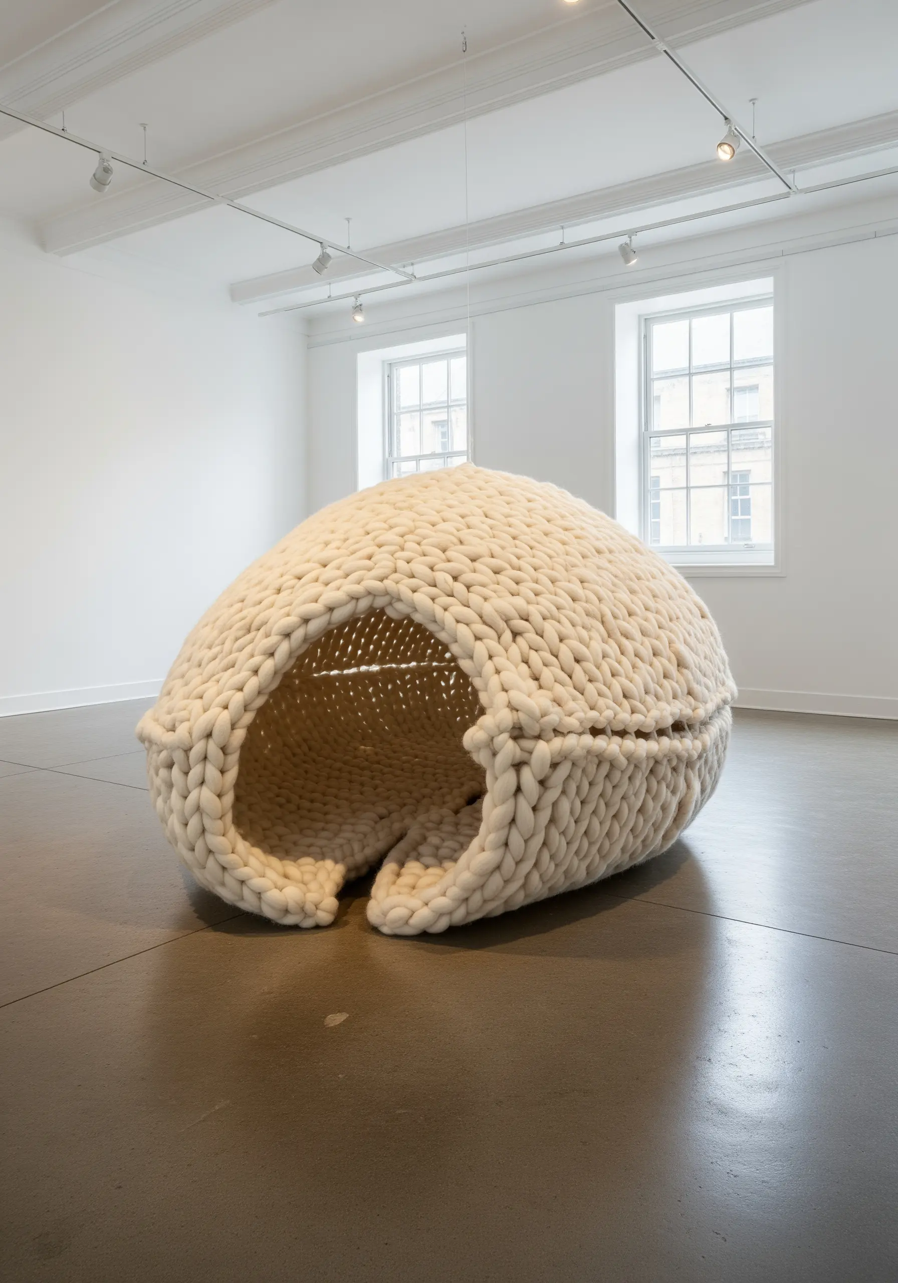 A giant, pod-like shelter knitted from thick, cream-colored wool roving in a gallery space.