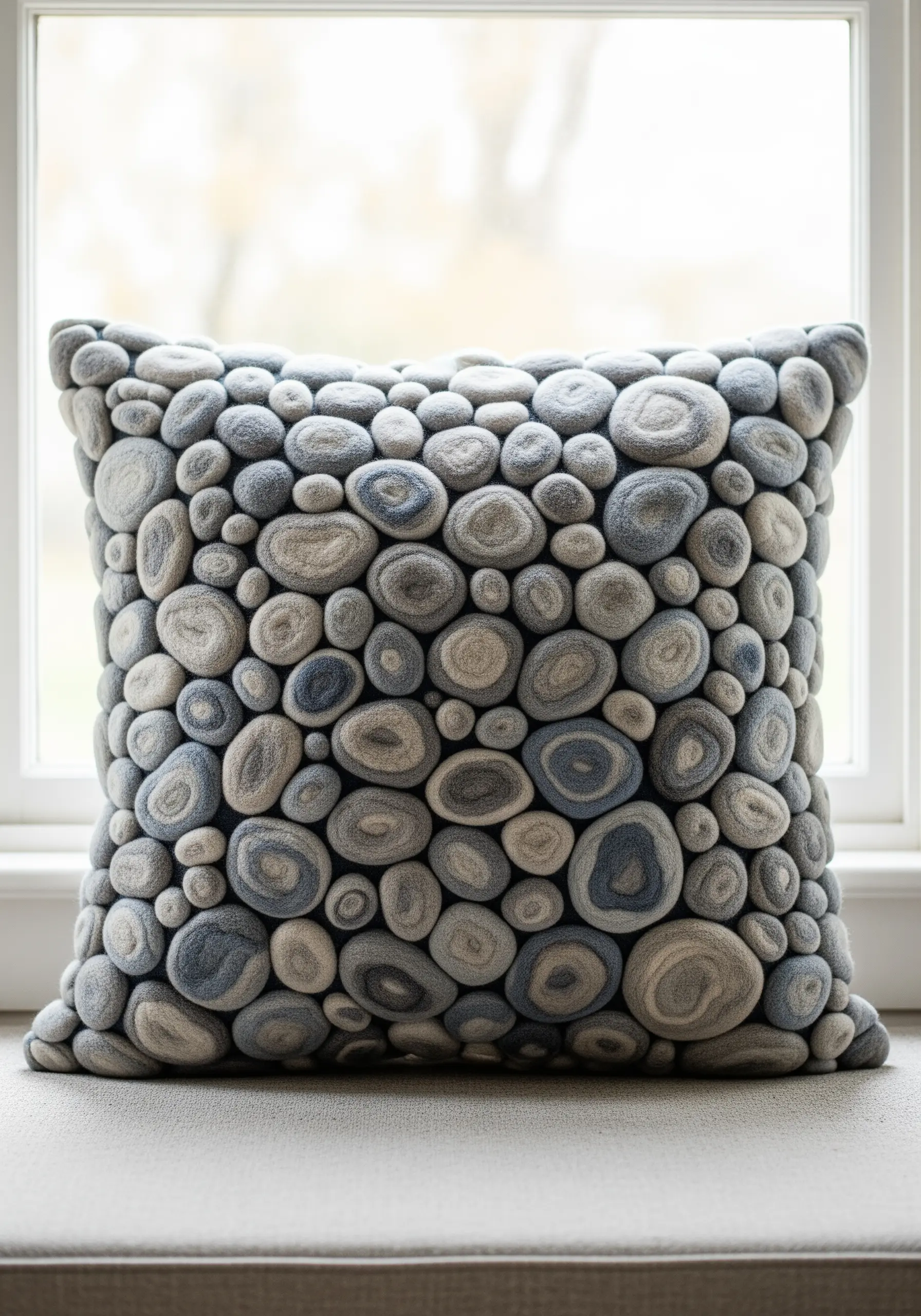 A decorative pillow completely covered in three-dimensional, fabric-covered pebbles.