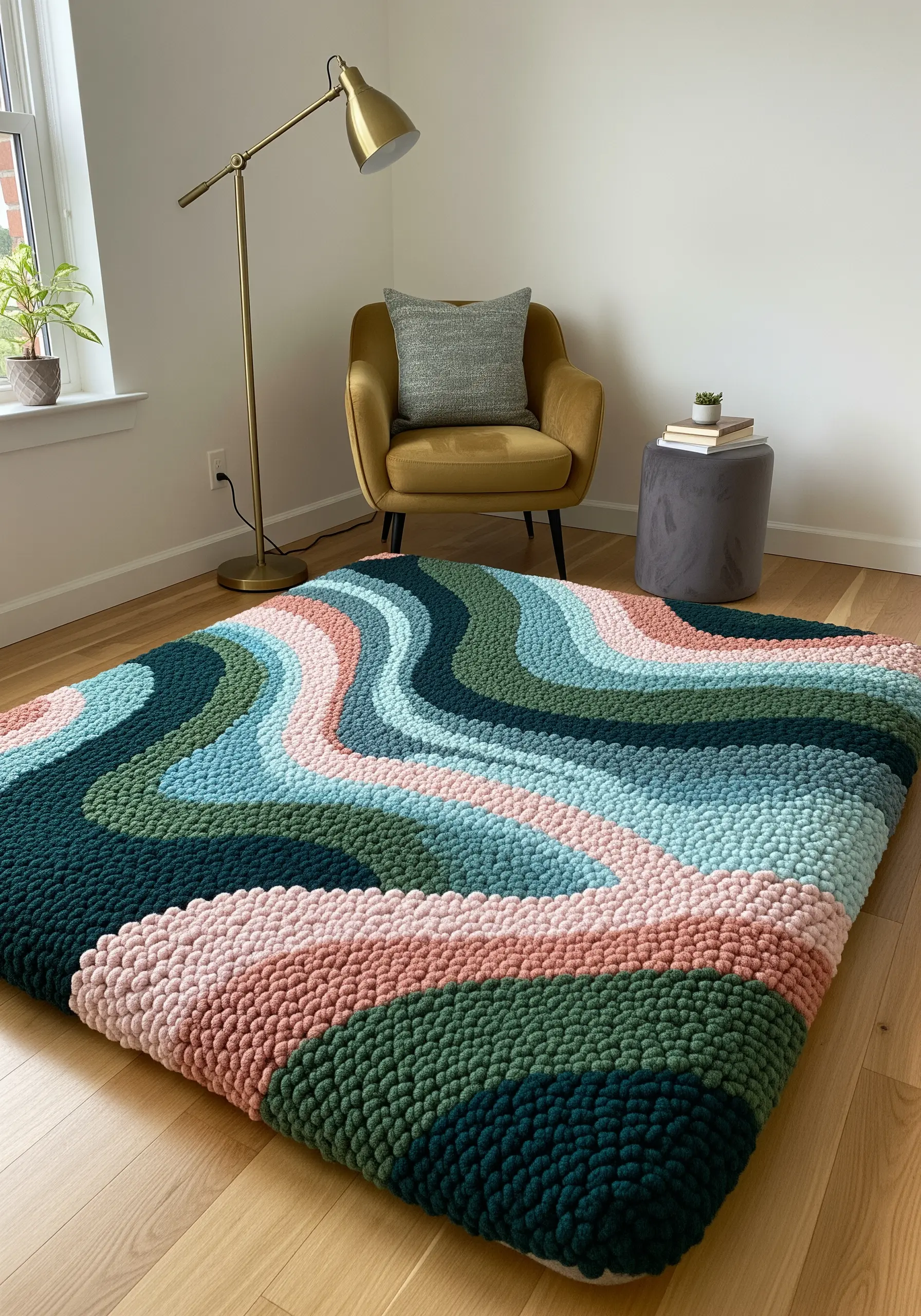 A plush punch needle rug with wavy, organic color blocks in shades of green, blue, and pink.