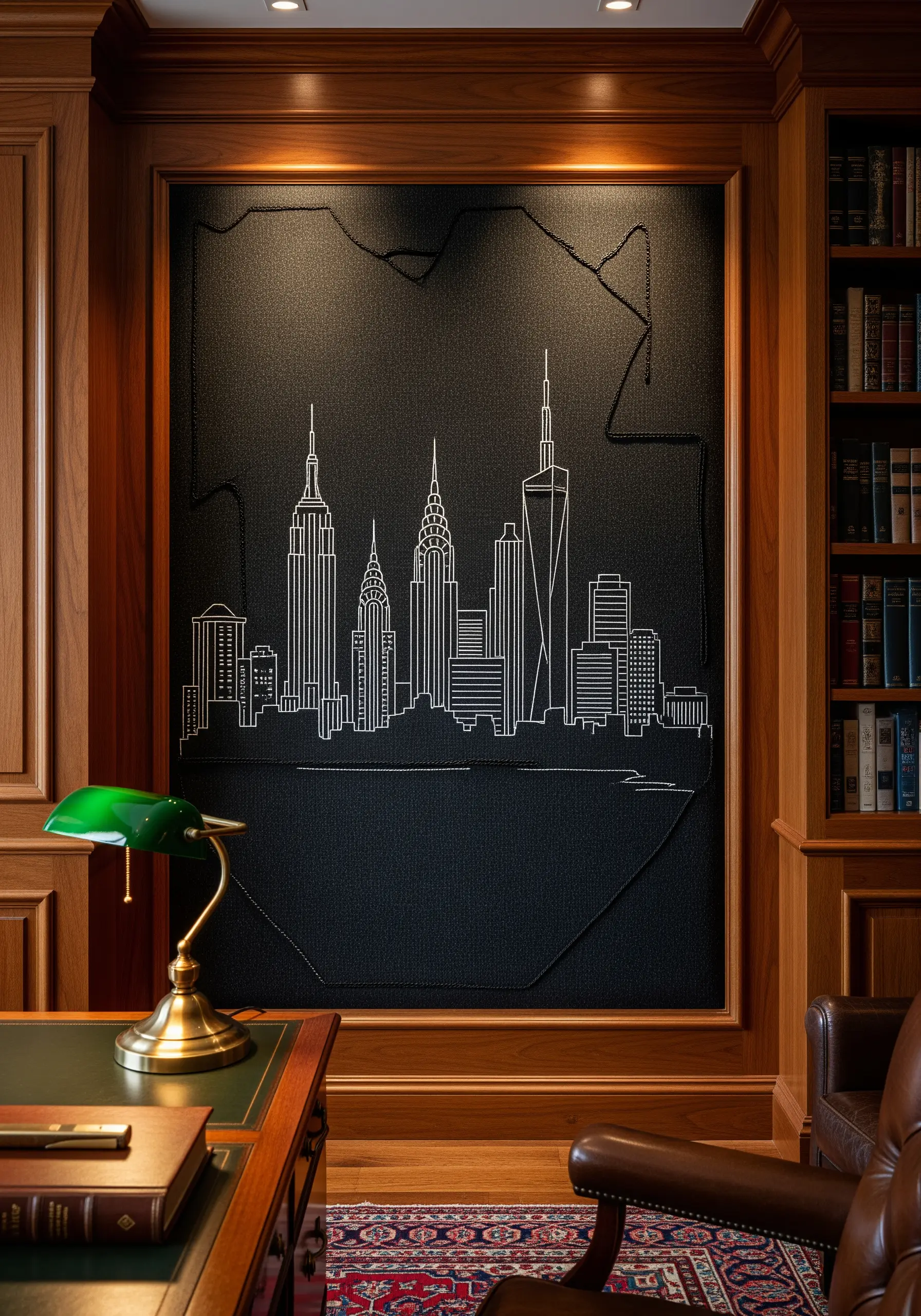 A large, framed black panel embroidered with the white line art of the New York City skyline