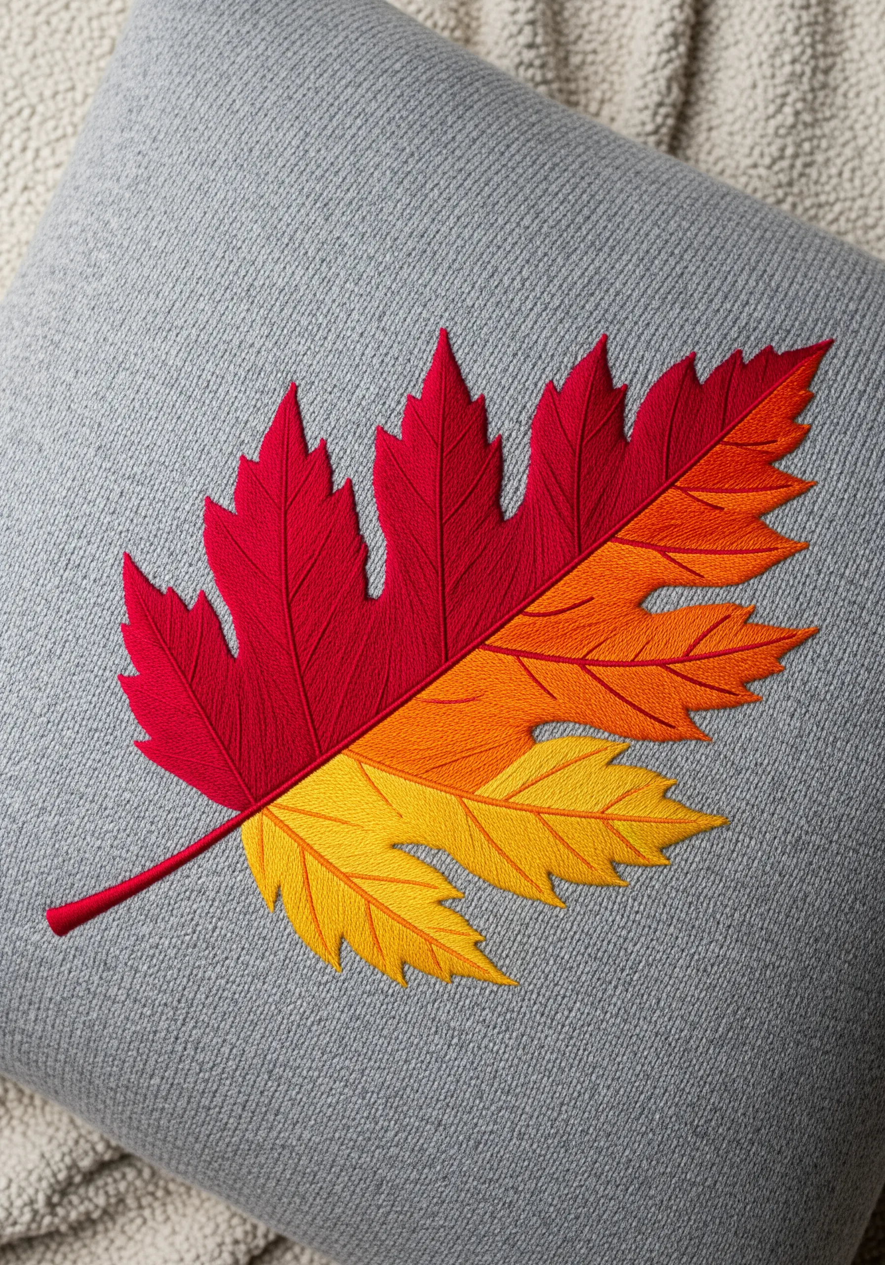 An autumn leaf with a split gradient from red to yellow on a grey textured cushion.