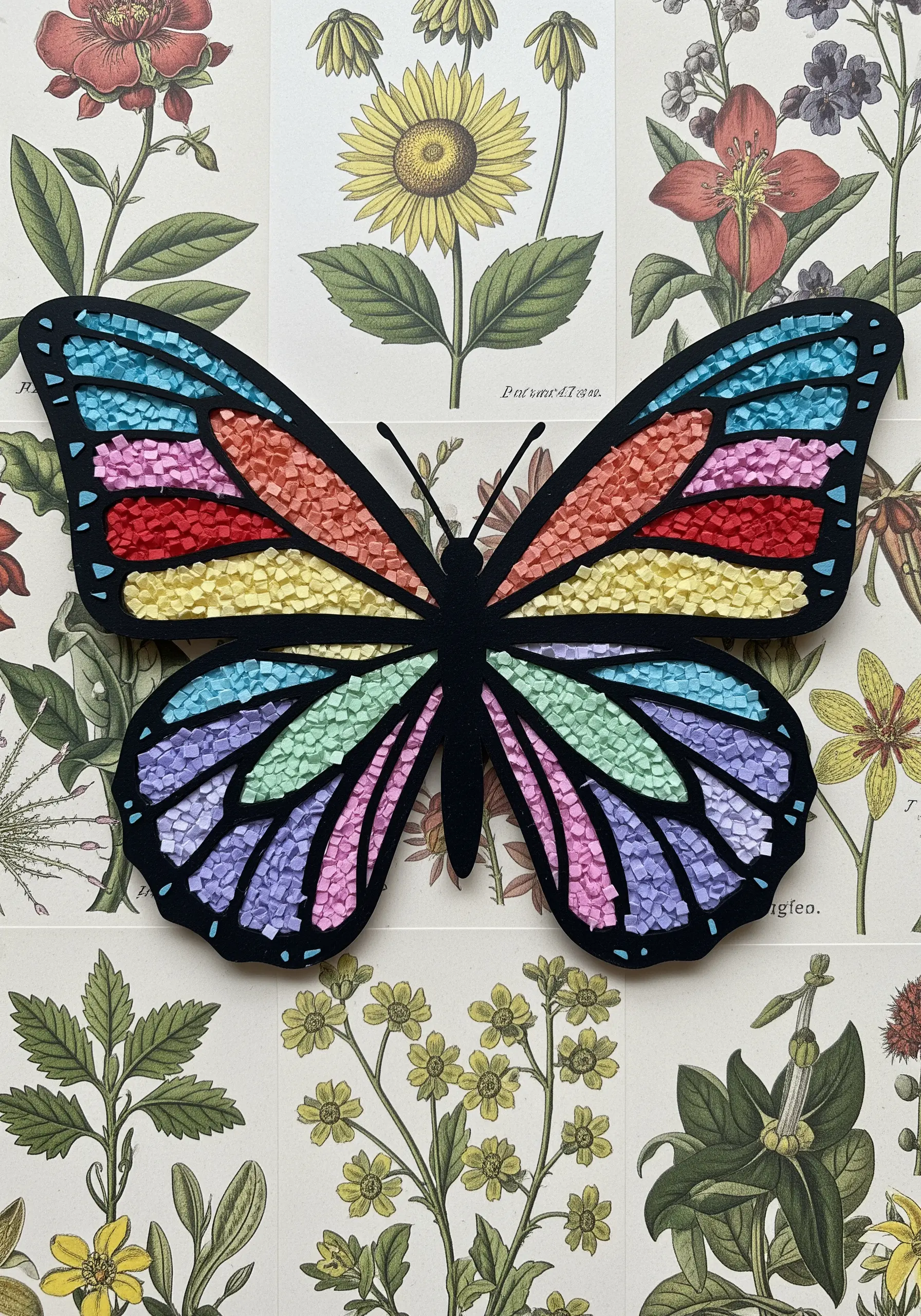 A butterfly with colorful, textured paper mosaic wings and a bold black outline.