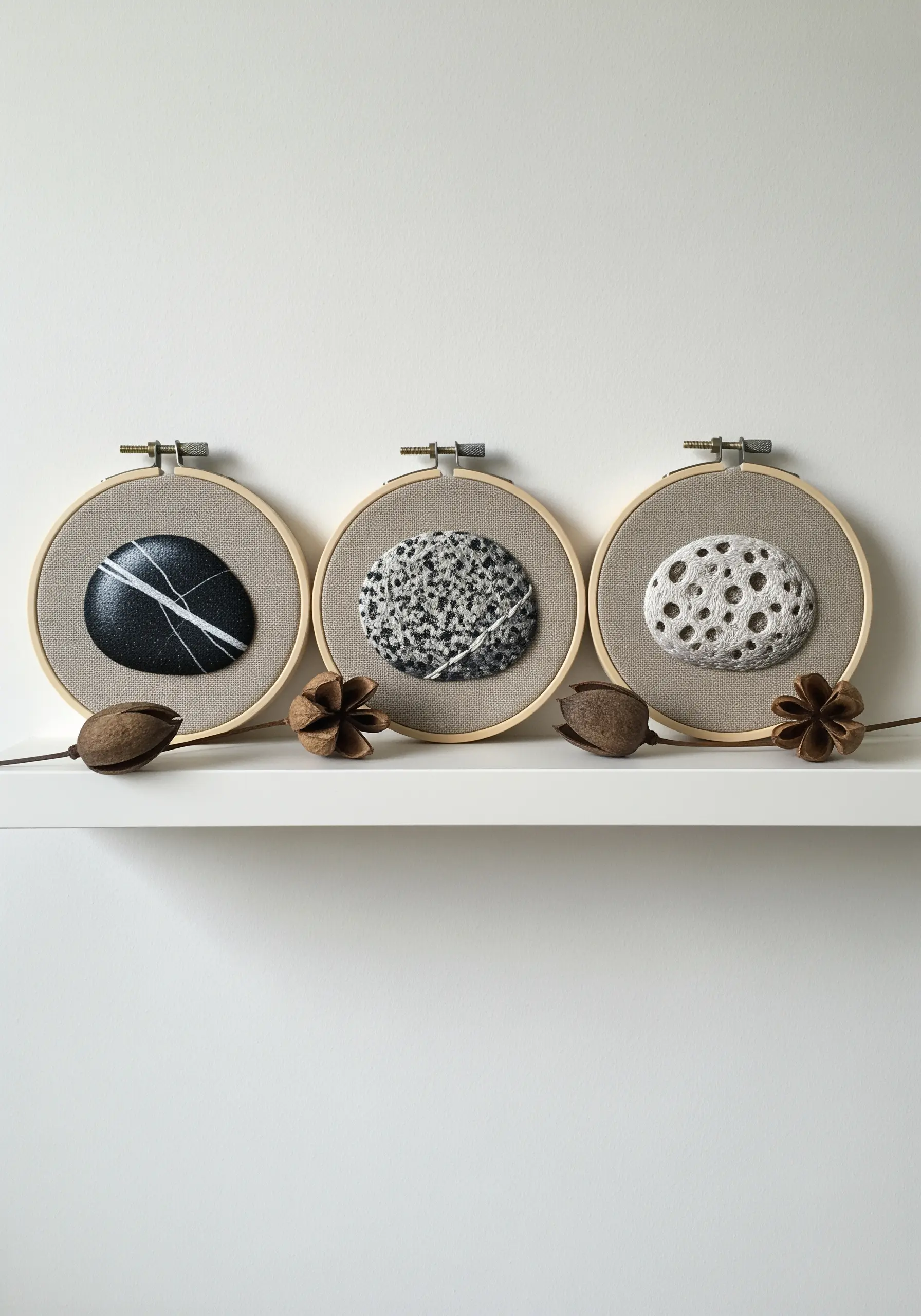 Three embroidery hoops on a shelf, each depicting a different stone texture.