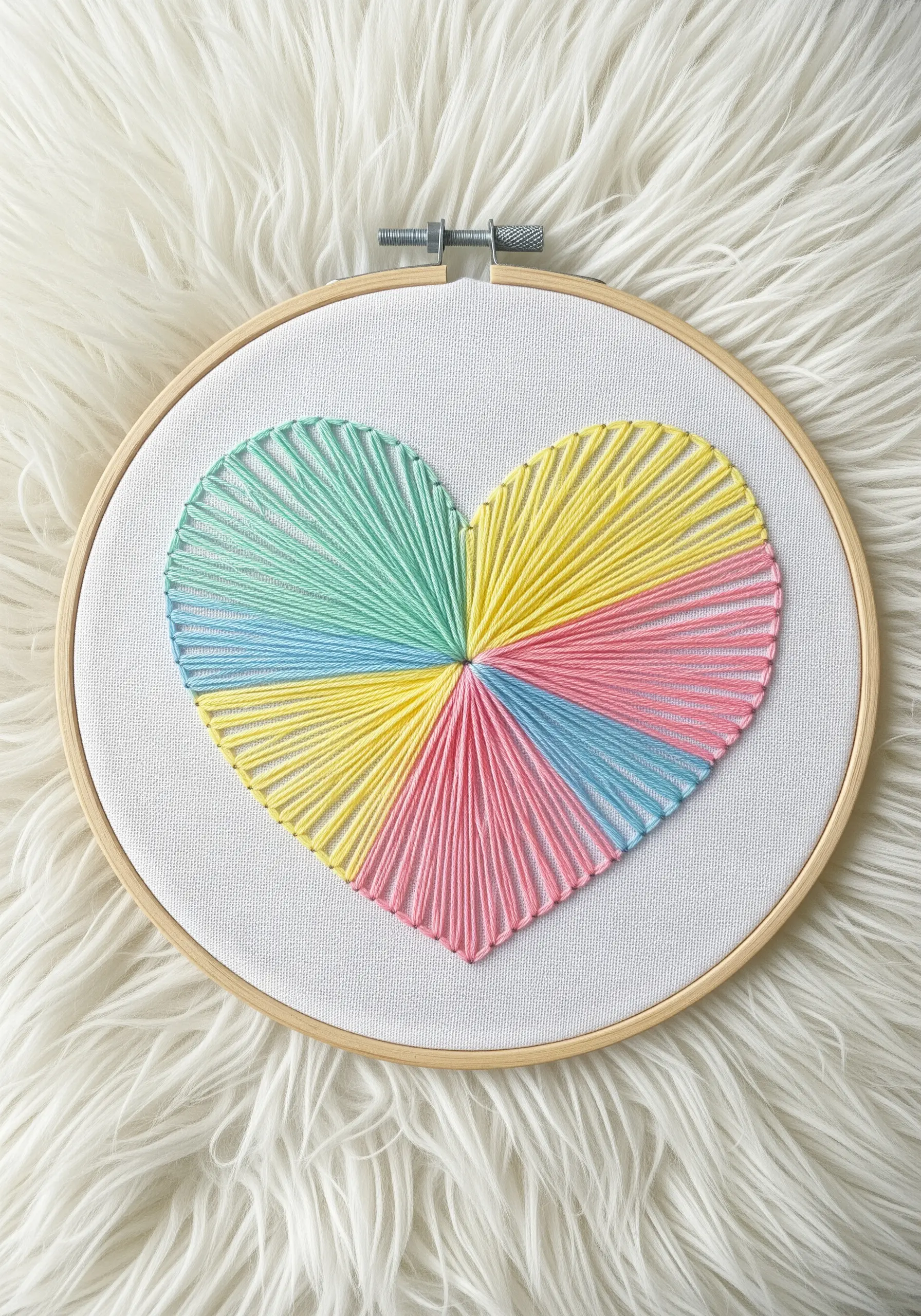 A string art heart divided into colorful pastel segments like a color wheel.
