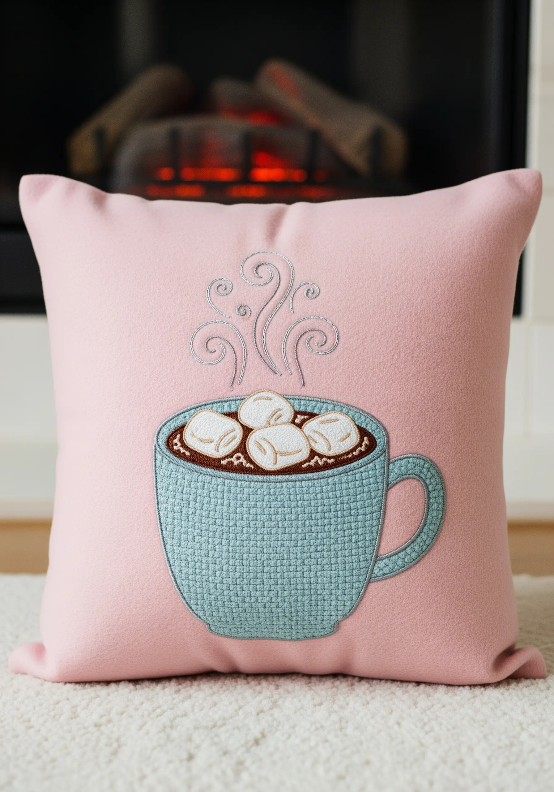An embroidered mug of hot chocolate with marshmallows on a pink pillow.
